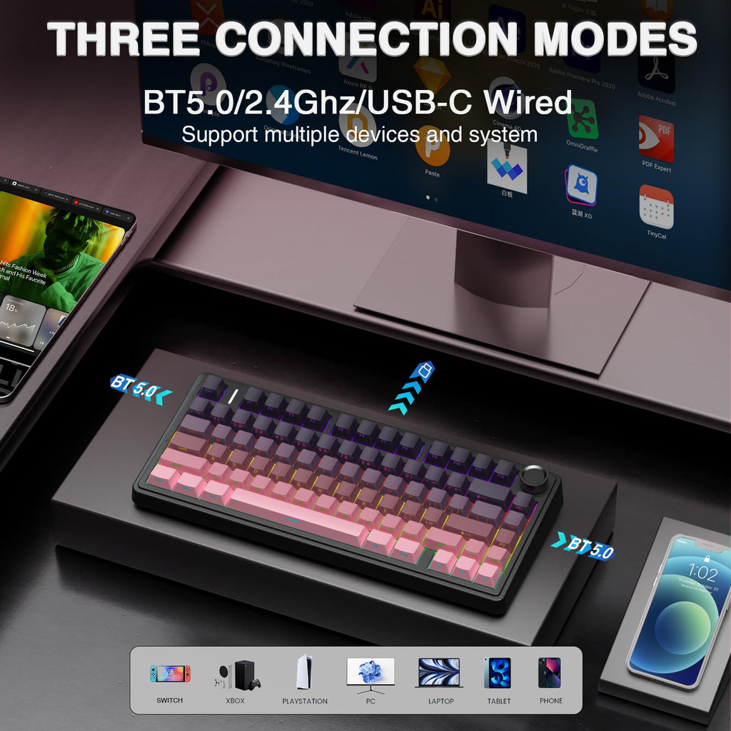 AULA F75 Pro Wireless Mechanical Keyboard,75% Hot Swappable Custom Keyboard with Knob,RGB Backlit,Pre-lubed Reaper Switches,Side Printed PBT Keycaps,2.4GHz/USB-C/BT5.0 Mechanical Gaming Keyboards - Flex Gamingproduct_type