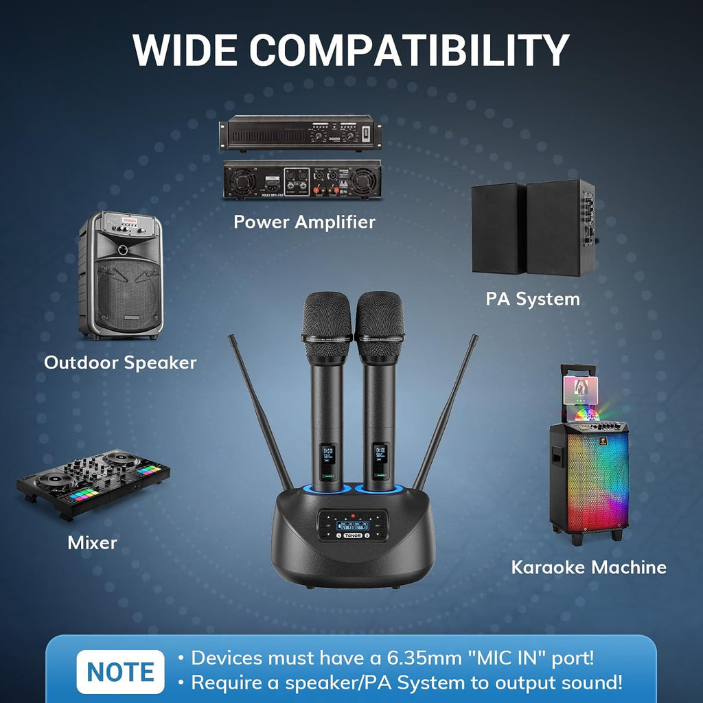 TONOR Bluetooth Wireless Microphones, Rechargeable UHF Cordless Microphone System for Home Party, Metal Dual Handheld 260ft for Home Karaoke, Church, Party,TW-790, Black - Flex Gamingproduct_type
