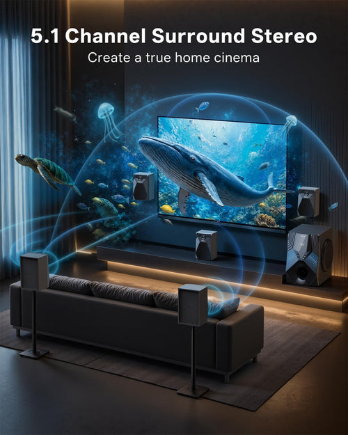 1000W Surround System 5 Wired Satellite Audio Speakers 8 inch Subwoofer 5.1/2.1 Channel Home Theater Deep Bass Support ARC Optical Bluetooth Karaoke Input - Flex Gaming