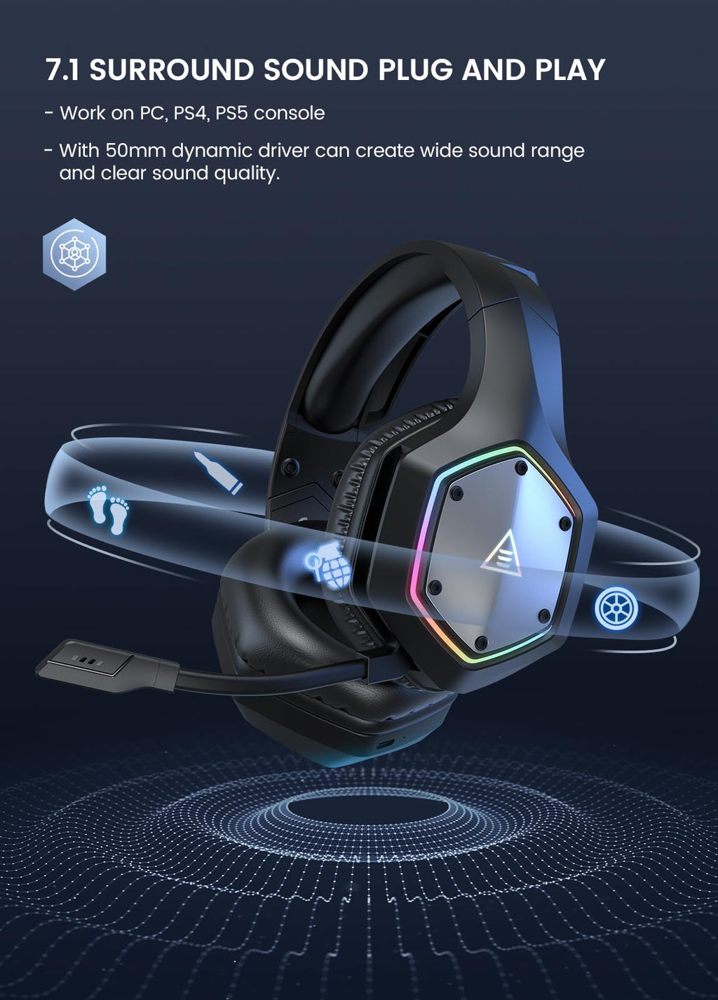 EKSA E1000 USB Gaming Headset for PC, Computer Headphones with Microphone/Mic Noise Cancelling, 7.1 Surround Sound, RGB Light - Wired Headphones for PS4, PS5 Console, Laptop, Call Center - Flex Gamingproduct_type