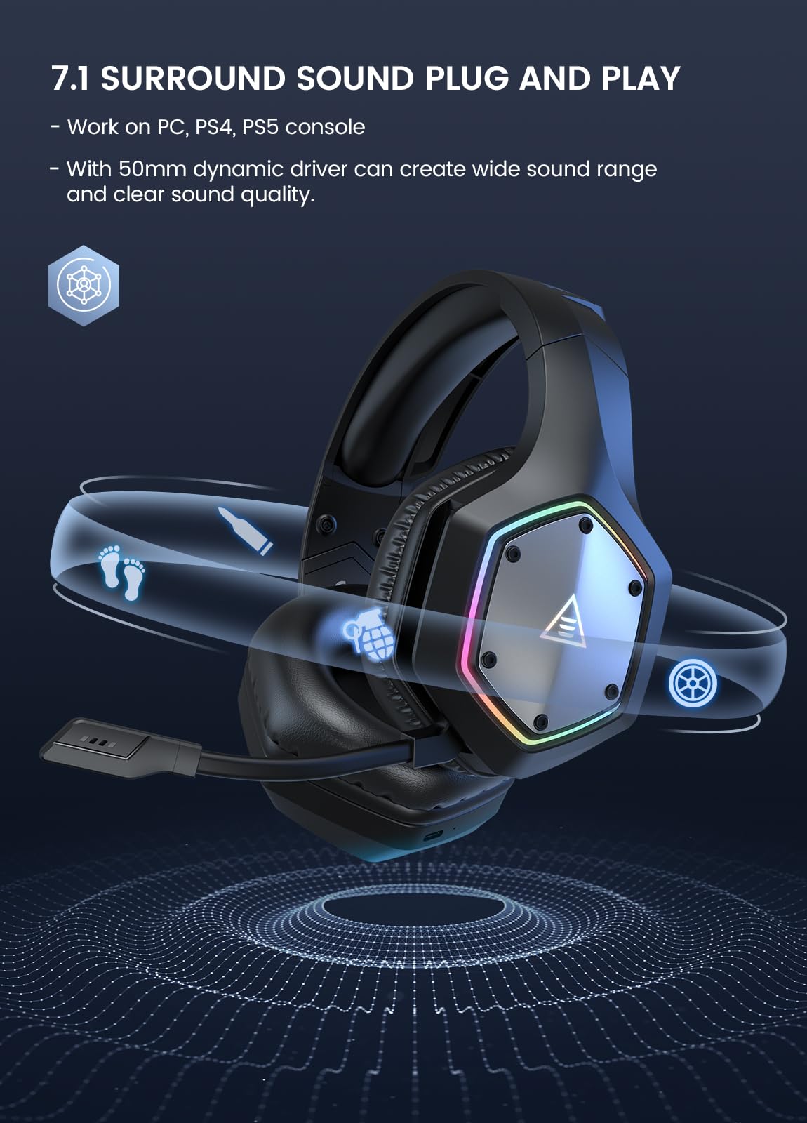 EKSA E1000 USB Gaming Headset for PC, Computer Headphones with Microphone/Mic Noise Cancelling, 7.1 Surround Sound, RGB Light - Wired Headphones for PS4, PS5 Console, Laptop, Call Center - Flex Gamingproduct_type