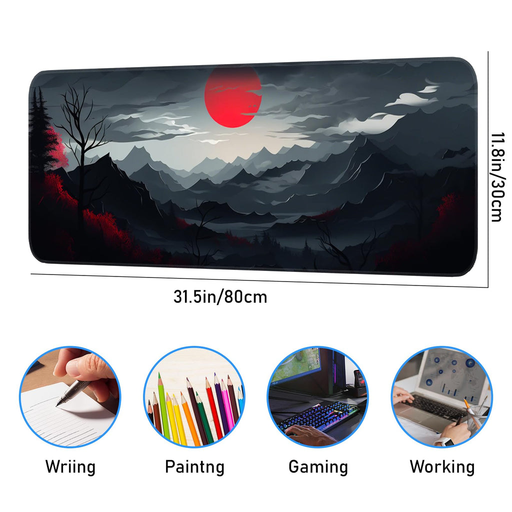 Japanese Dark Red Moon Gaming Mouse Pad, Extended Mouse Pad with Non-Slip Base, Full Keyboard Pad with Stitched Edges, Large Desk Pad for Gaming, Office, Home 31.5 x 11.8 Inch - Flex Gamingproduct_type