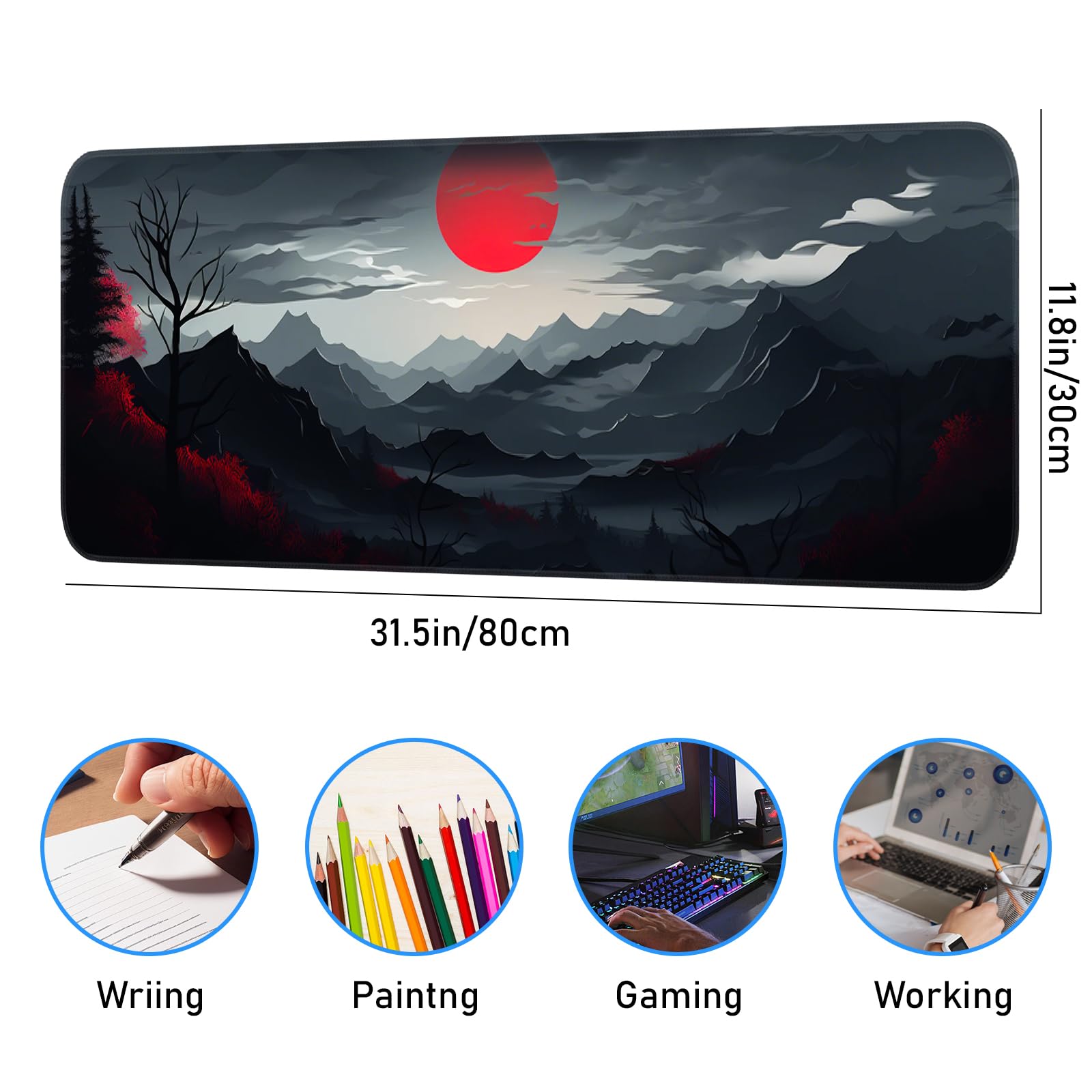 Japanese Dark Red Moon Gaming Mouse Pad, Extended Mouse Pad with Non-Slip Base, Full Keyboard Pad with Stitched Edges, Large Desk Pad for Gaming, Office, Home 31.5 x 11.8 Inch - Flex Gamingproduct_type