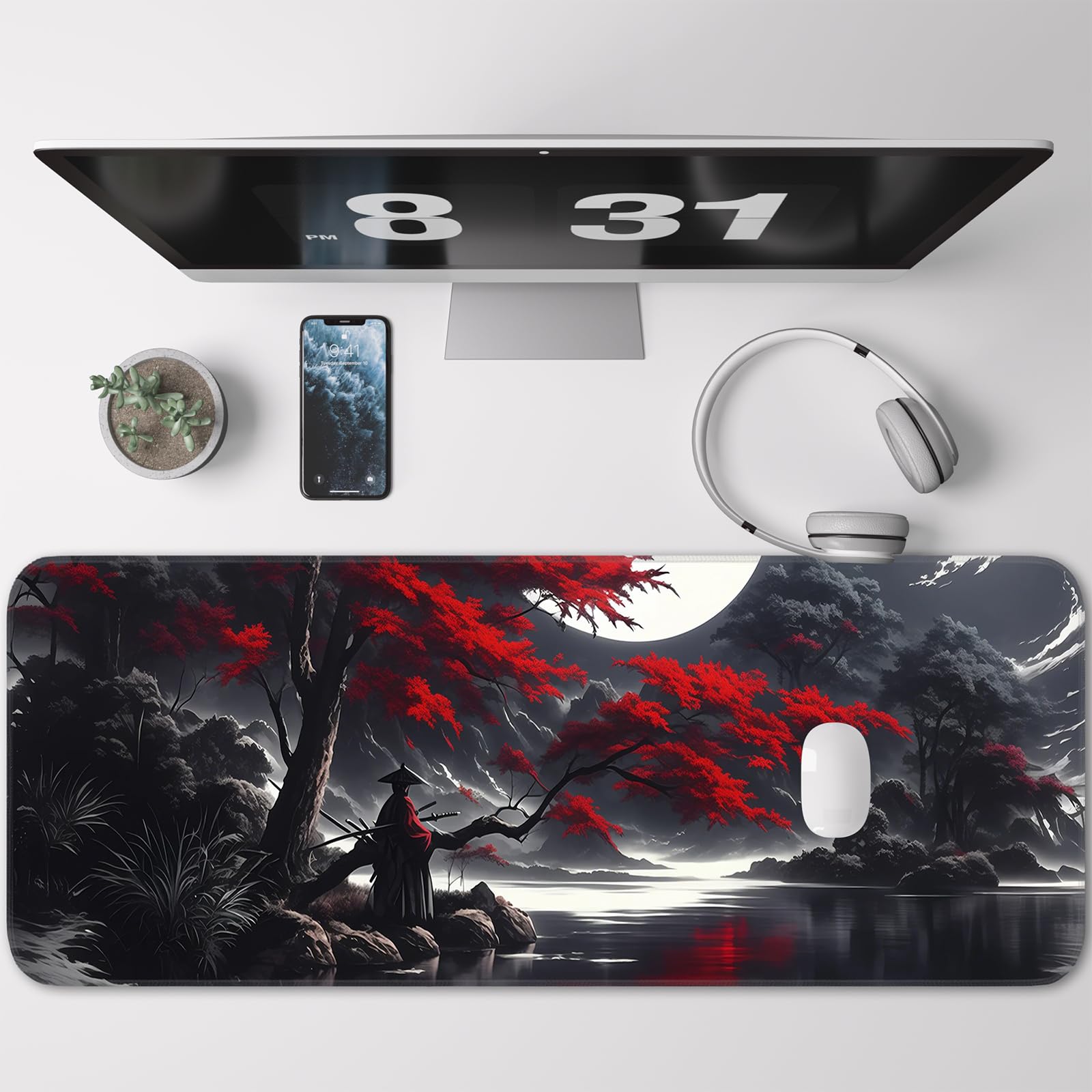 Japanese Dark Red Moon Gaming Mouse Pad, Extended Mouse Pad with Non-Slip Base, Full Keyboard Pad with Stitched Edges, Large Desk Pad for Gaming, Office, Home 31.5 x 11.8 Inch - Flex Gamingproduct_type