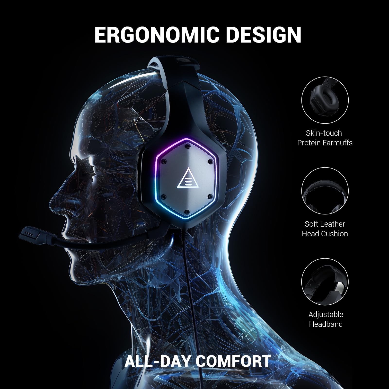 EKSA E1000 USB Gaming Headset for PC, Computer Headphones with Microphone/Mic Noise Cancelling, 7.1 Surround Sound, RGB Light - Wired Headphones for PS4, PS5 Console, Laptop, Call Center - Flex Gamingproduct_type