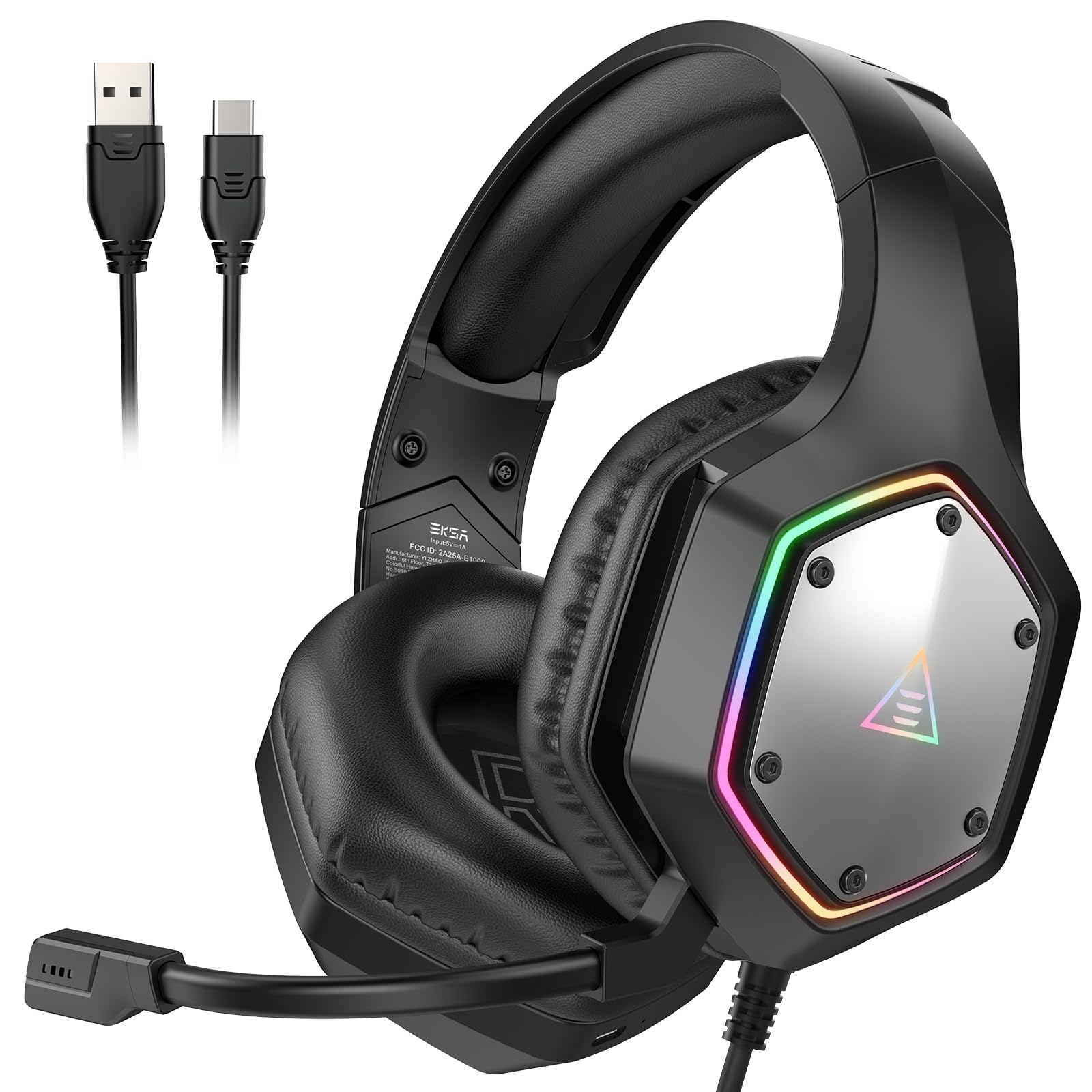 EKSA E1000 USB Gaming Headset for PC, Computer Headphones with Microphone/Mic Noise Cancelling, 7.1 Surround Sound, RGB Light - Wired Headphones for PS4, PS5 Console, Laptop, Call Center - Flex Gamingproduct_type