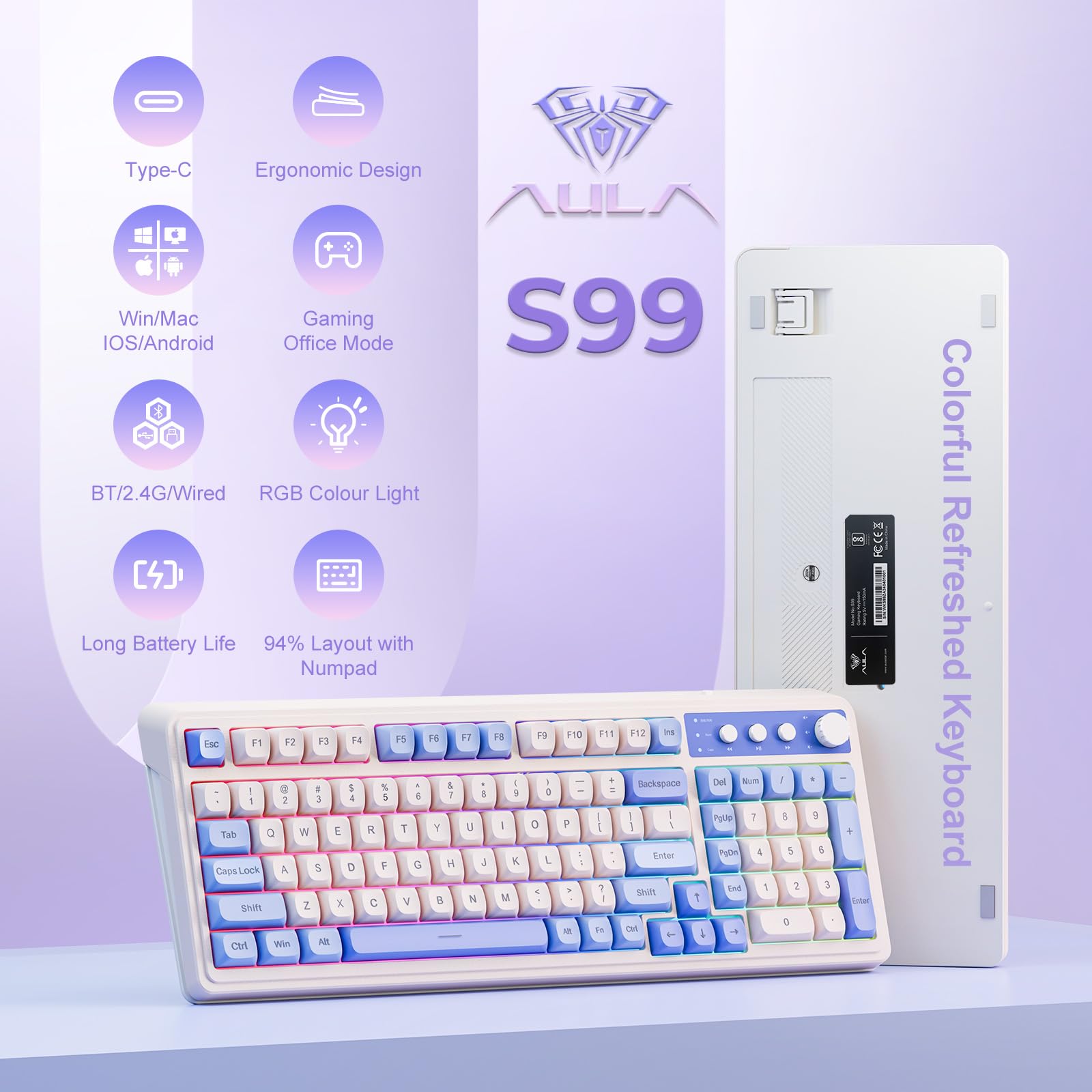 AULA 99 Key Keyboard, Wireless Gaming Keyboard Bluetooth Computer Keyboards Creamy Cute with Number Pad RGB Backlit Tri-Mode BT/2.4GHz/USB-C - Pink - Flex Gamingproduct_type