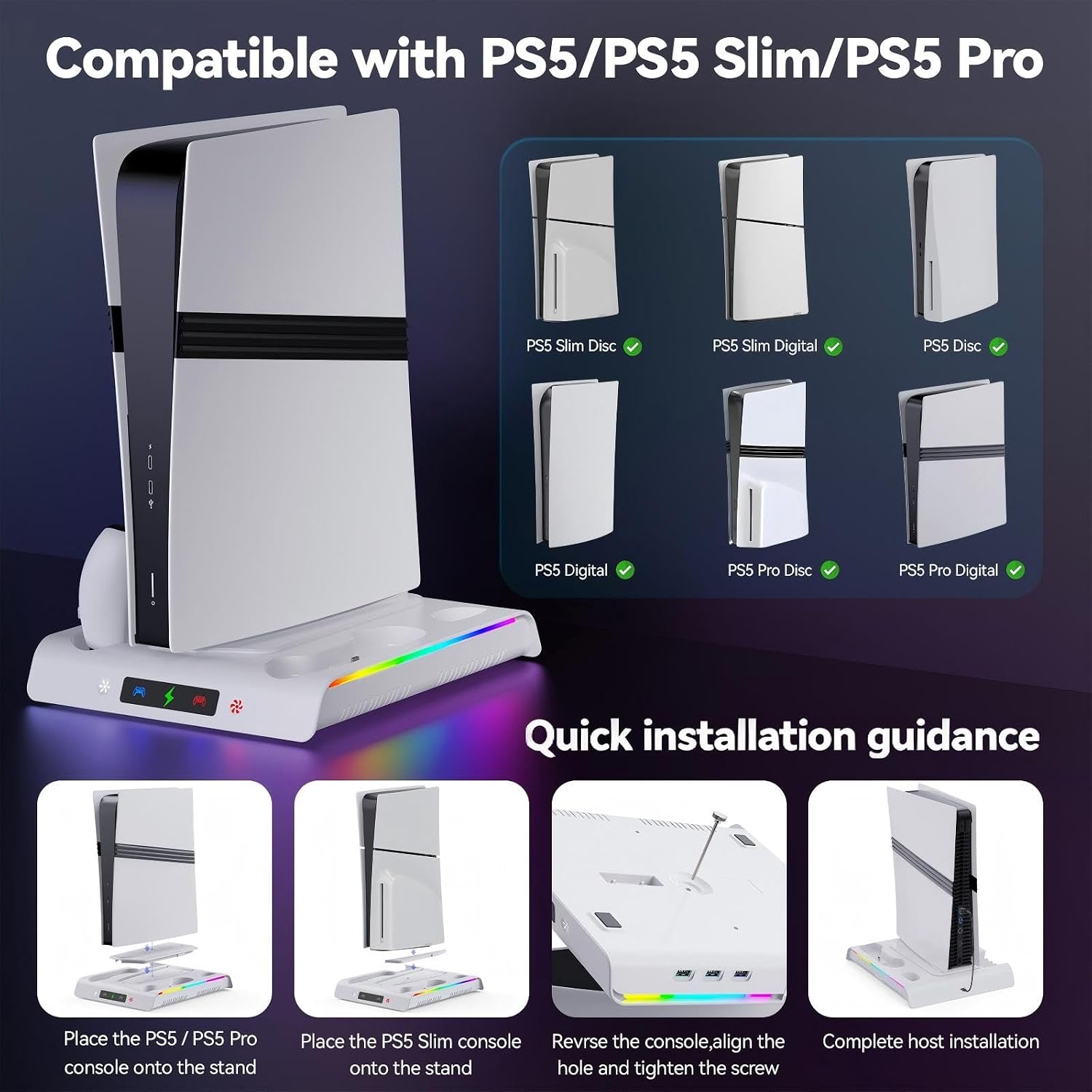 PS5 Controller Dual Charging Console Cooling Base, Cooling & Charging Station with RGB Lighting,Accessories with 3 Levels Cooling Fan, Headset Holder - Flex Gamingproduct_type