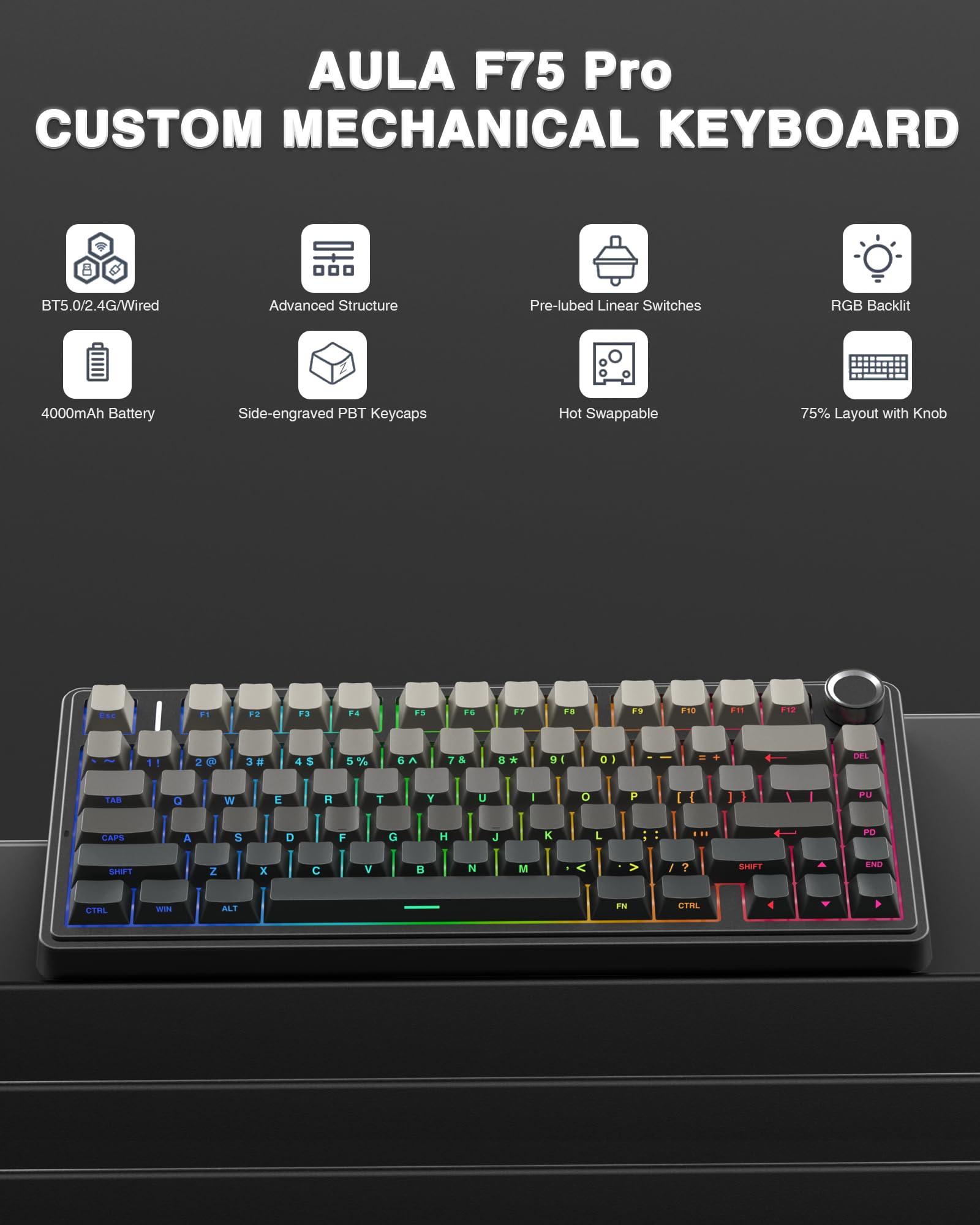 AULA F75 Pro Wireless Mechanical Keyboard,75% Hot Swappable Custom Keyboard with Knob,RGB Backlit,Pre-lubed Reaper Switches,Side Printed PBT Keycaps,2.4GHz/USB-C/BT5.0 Mechanical Gaming Keyboards - Flex Gamingproduct_type