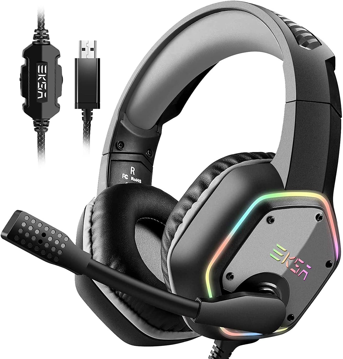 EKSA E1000 USB Gaming Headset for PC, Computer Headphones with Microphone/Mic Noise Cancelling, 7.1 Surround Sound, RGB Light - Wired Headphones for PS4, PS5 Console, Laptop, Call Center - Flex Gamingproduct_type
