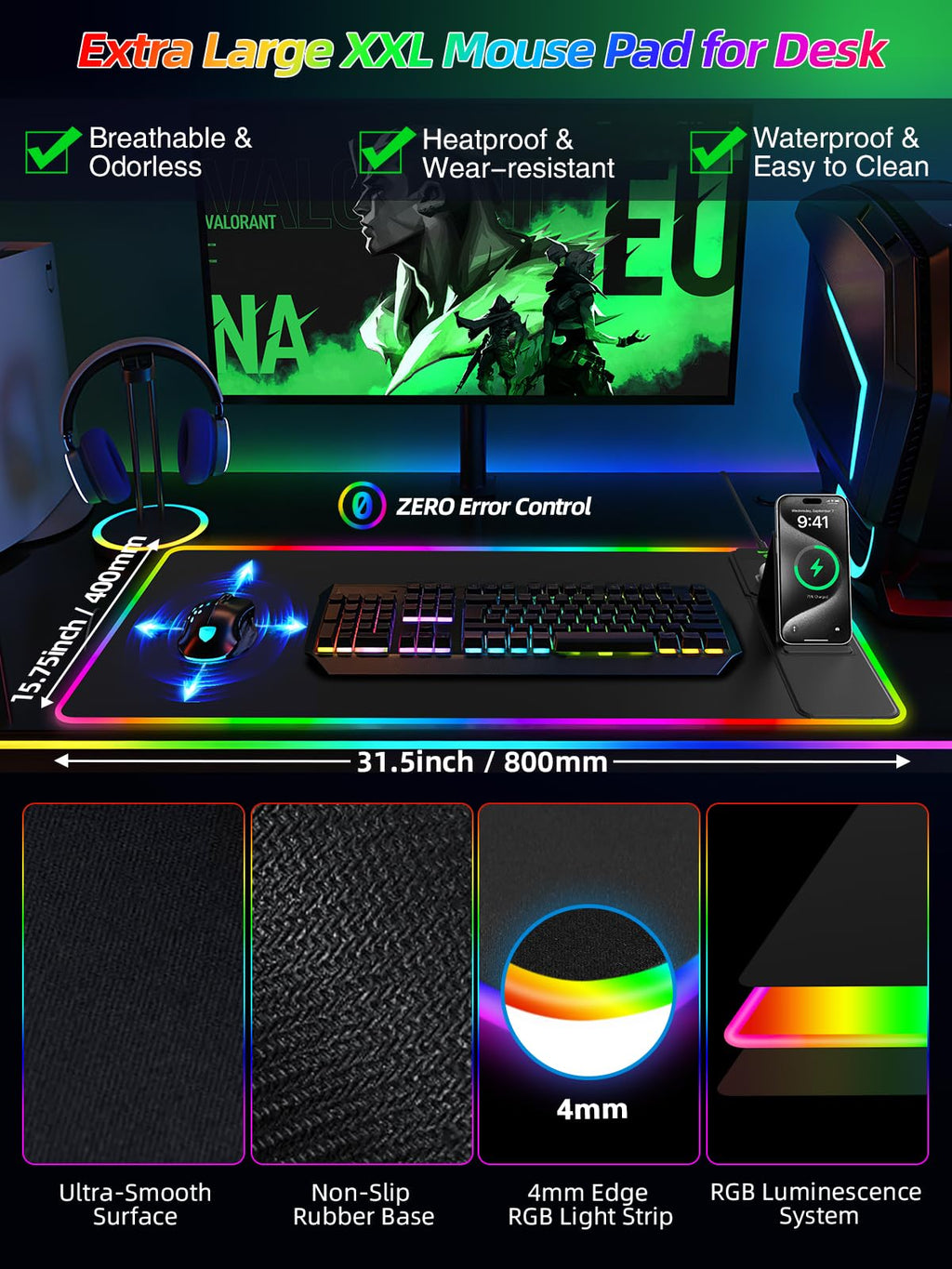 XXL Mouse Pad with Phone Holder - Black, RGB Desk Mat with 15W Fast Charging, LED Gaming Mousepad with 11 Light Colors, Waterproof Non-Slip Pad for Office & Home (Wave) - Flex Gamingproduct_type