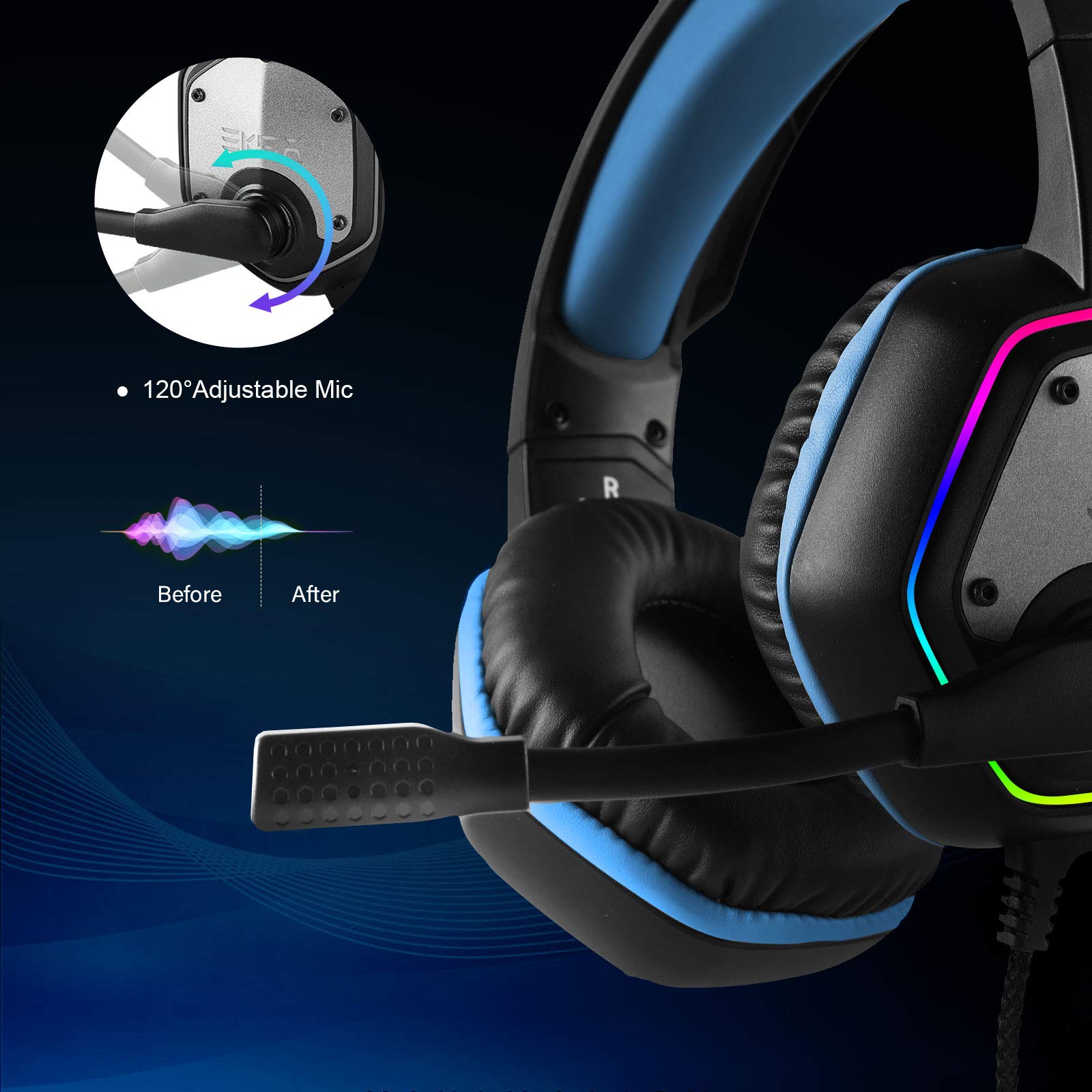 EKSA E1000 USB Gaming Headset for PC, Computer Headphones with Microphone/Mic Noise Cancelling, 7.1 Surround Sound, RGB Light - Wired Headphones for PS4, PS5 Console, Laptop, Call Center - Flex Gamingproduct_type
