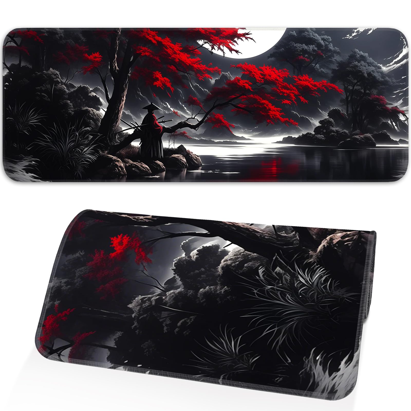 Japanese Dark Red Moon Gaming Mouse Pad, Extended Mouse Pad with Non-Slip Base, Full Keyboard Pad with Stitched Edges, Large Desk Pad for Gaming, Office, Home 31.5 x 11.8 Inch - Flex Gamingproduct_type