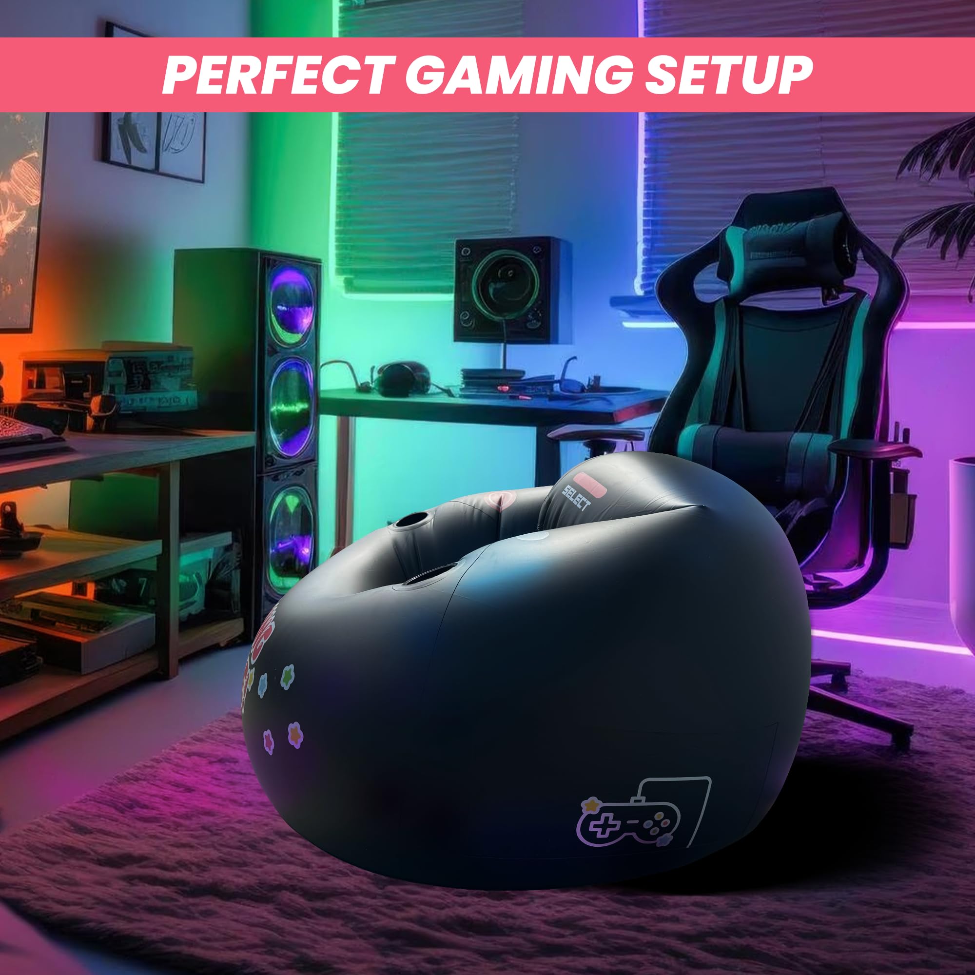 Inflatable Gaming Chair for Kids & Teens with Cup Holders and Side Pocket - This Air Gaming Bean Bag Chairs for kids is The Perfect Furniture for Gamer Room Decor - Perfect Gaming Stuff for boys 4-12 - Flex Gamingproduct_type