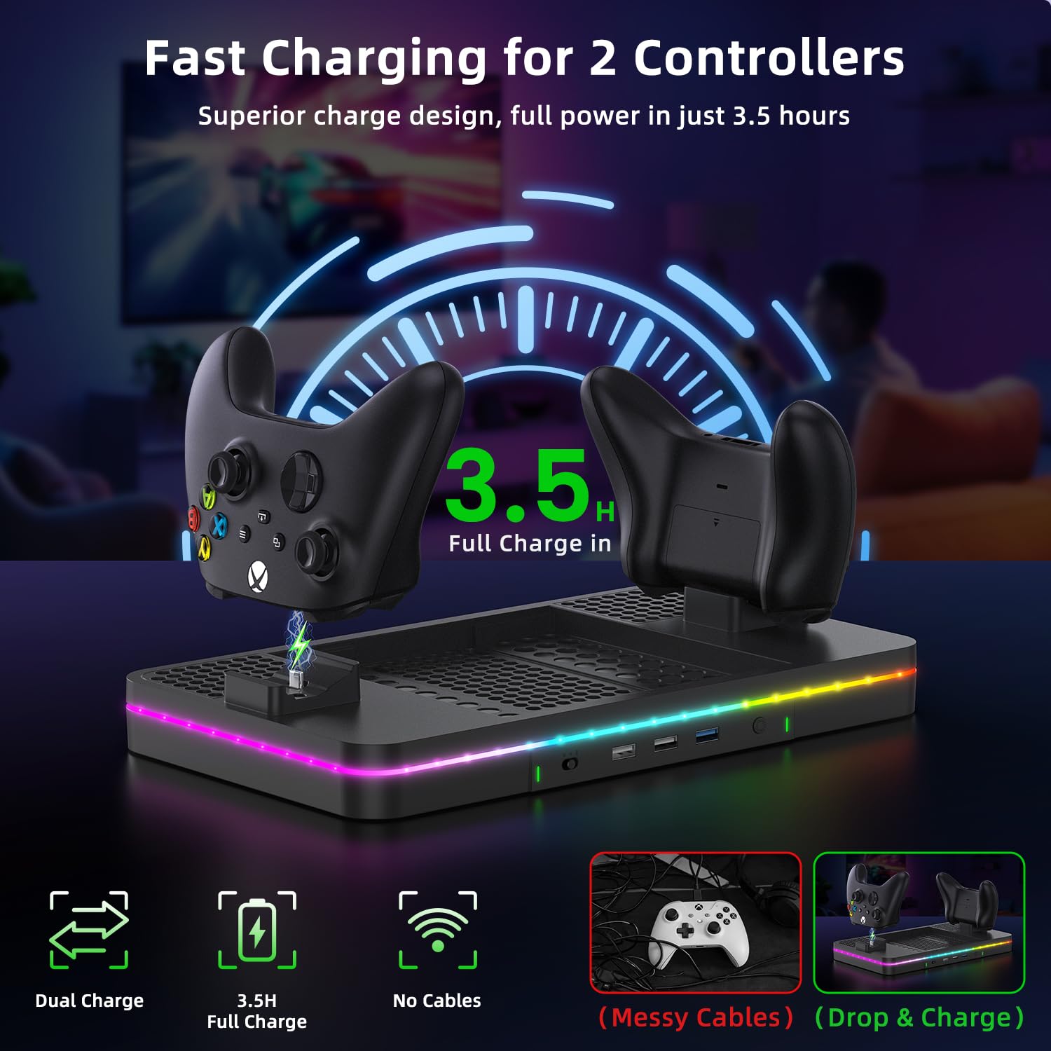 Charging Stand with Cooling Fan, CODOGOY Vertical Stand Compatible with Xbox Series X/S Console and Controller, Vertical Dual Controller Charger Station Dock Accessories with 3 USB Ports,Black - Flex Gamingproduct_type