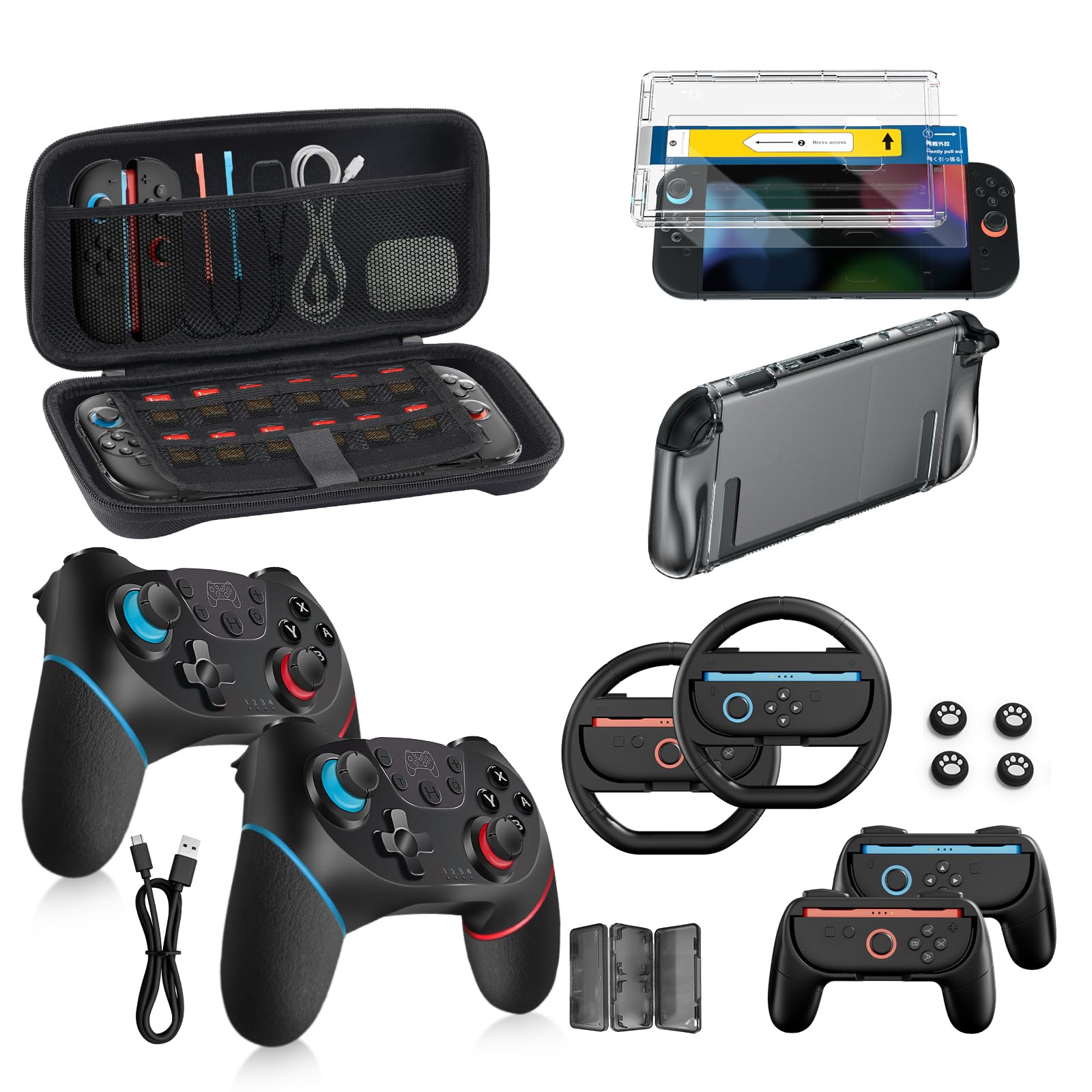 Pro Controllers Accessories Bundle for Nintendo Switch 2 18-in-1: Carrying Case, Screen Protector, Thumb Grip for Joycon, Dockable Console Protective Cover Shell, Steering Wheel, 2025 Switch2 Game Kit - Flex Gamingproduct_type