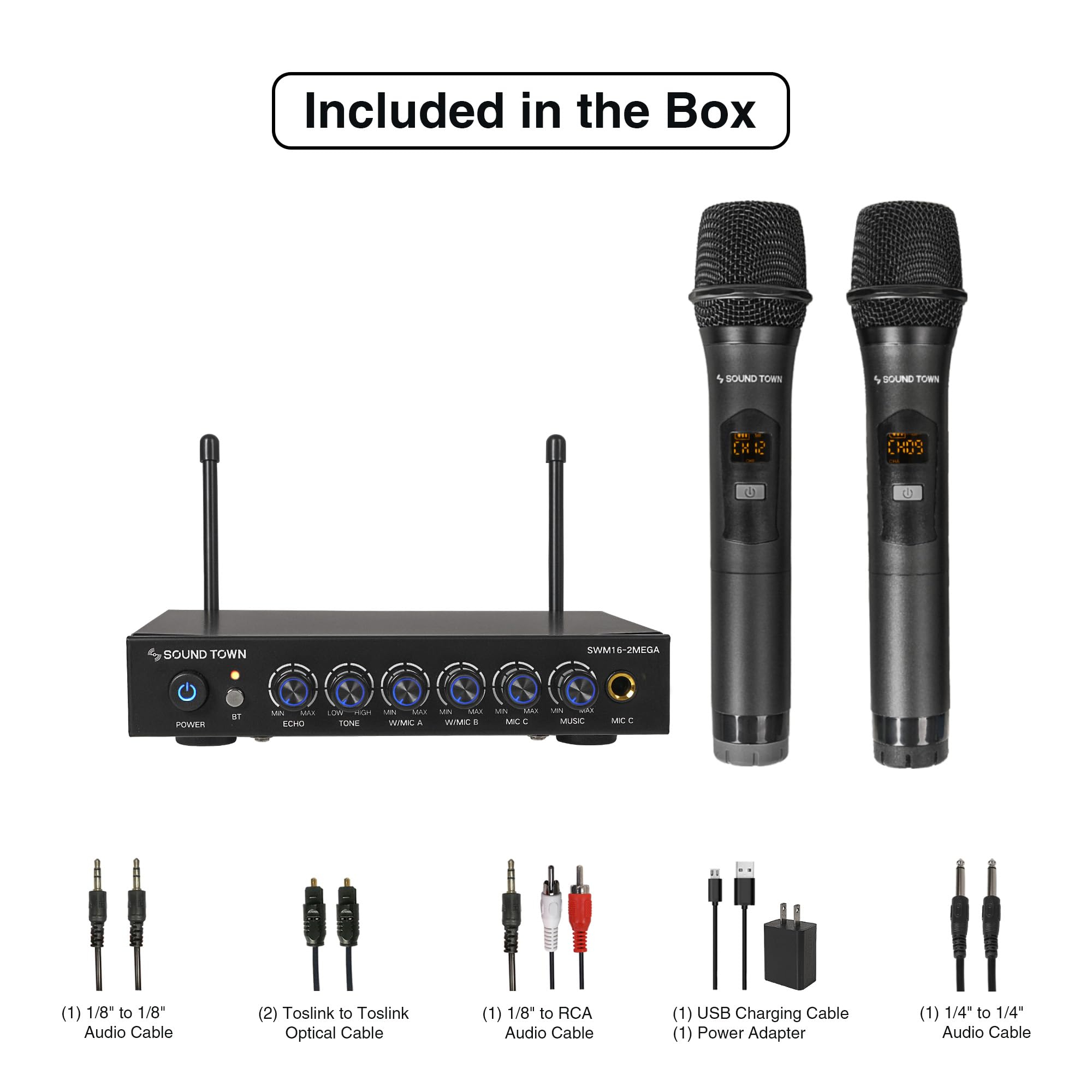 Sound Town Wireless Microphone Karaoke Mixer System with HD Audio Return Channel, Optical (Toslink), AUX, Supports Smart TV, Media Box, PC, Bluetooth, Soundbar, Receiver (SWM16-MAX) - Flex Gamingproduct_type