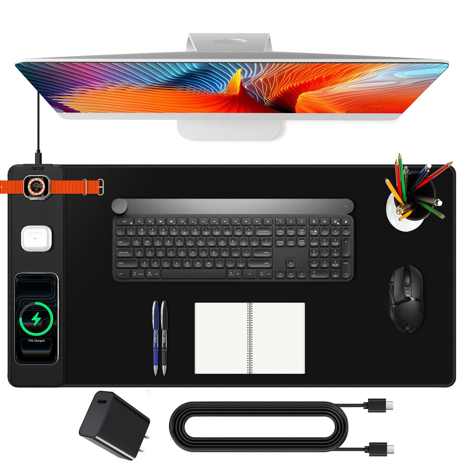 XXL Mouse Pad with Phone Holder - Black, RGB Desk Mat with 15W Fast Charging, LED Gaming Mousepad with 11 Light Colors, Waterproof Non-Slip Pad for Office & Home (Wave) - Flex Gamingproduct_type