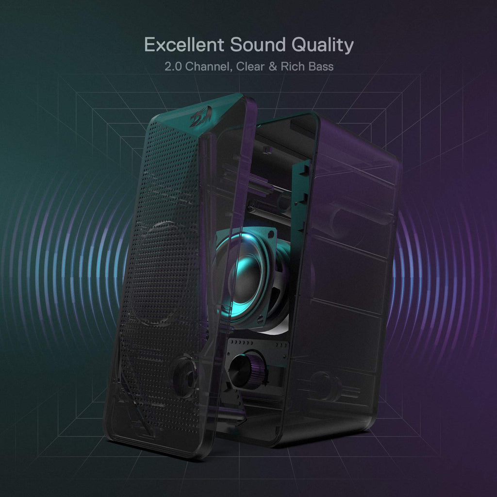 Redragon GS510 RGB Desktop Speakers, 2.0 Channel PC Computer Speaker with 4 Colorful LED Backlight Modes, Enhanced Bass and Easy-Access Volume Control, USB Powered w/ 3.5mm Cable - Flex Gamingproduct_type