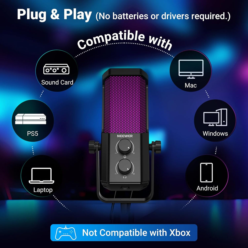 NEEWER UM01 AI Noise Canceling USB Microphone, Plug & Play Cardioid RGB Condenser Mic Mute/Music Sync/App Control for Android Windows PC Mac PS4/5 Gaming Recording Streaming Podcasting Studio Computer - Flex Gamingproduct_type
