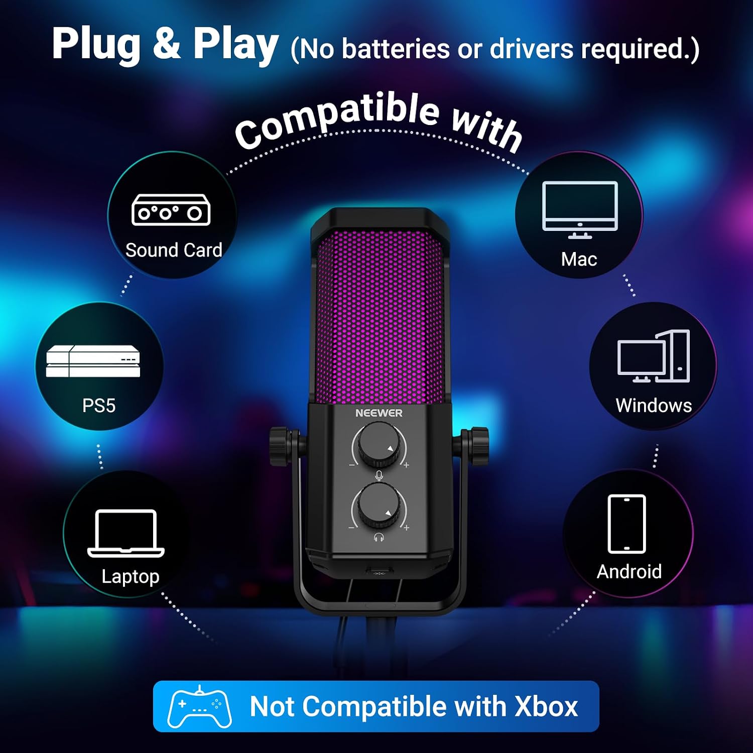 NEEWER UM01 AI Noise Canceling USB Microphone, Plug & Play Cardioid RGB Condenser Mic Mute/Music Sync/App Control for Android Windows PC Mac PS4/5 Gaming Recording Streaming Podcasting Studio Computer - Flex Gamingproduct_type