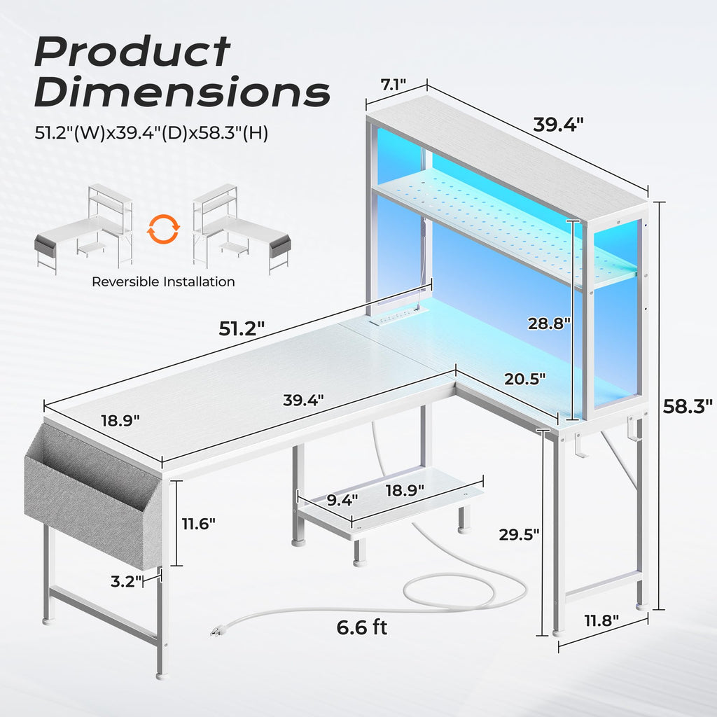 PRAISUN L Shaped Gaming Desk with LED Lights & Power Outlets, Reversible Computer Desk with Storage Shelves & Bag, Large Corner Home Office Desk with Pegboard for Work from Home, Black - Flex Gamingproduct_type