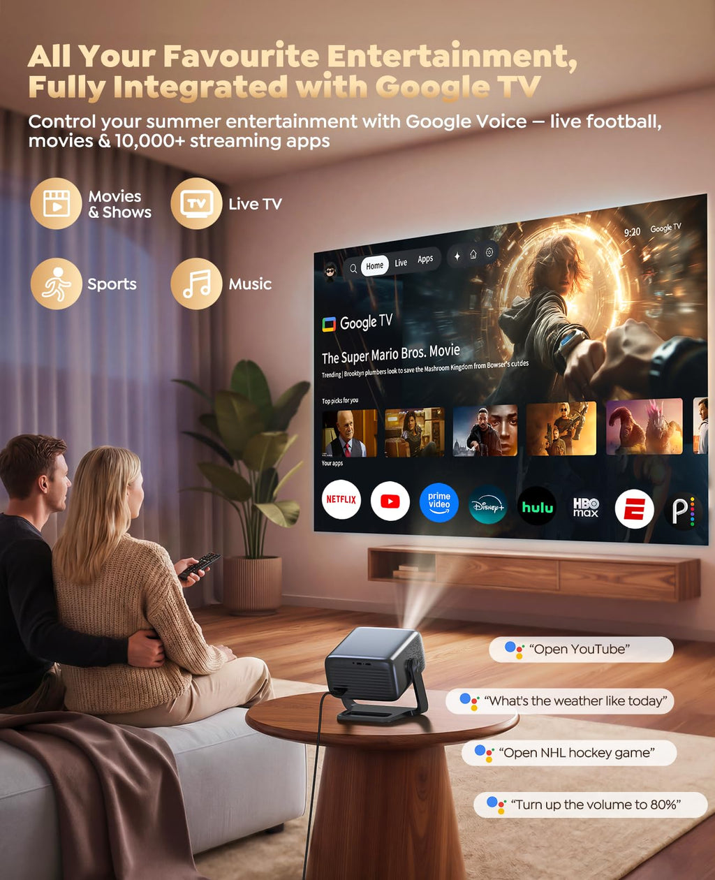 Smart 4K Projector [Google TV Stick Built-in & 360° Stand] with WiFi 6, Bluetooth 5.3, HDR10, 30W Hi-Fi, AI Auto Focus, Outdoor Portable Short Throw Movie Projector for Home Theater Bedroom Ceiling - Flex Gamingproduct_type