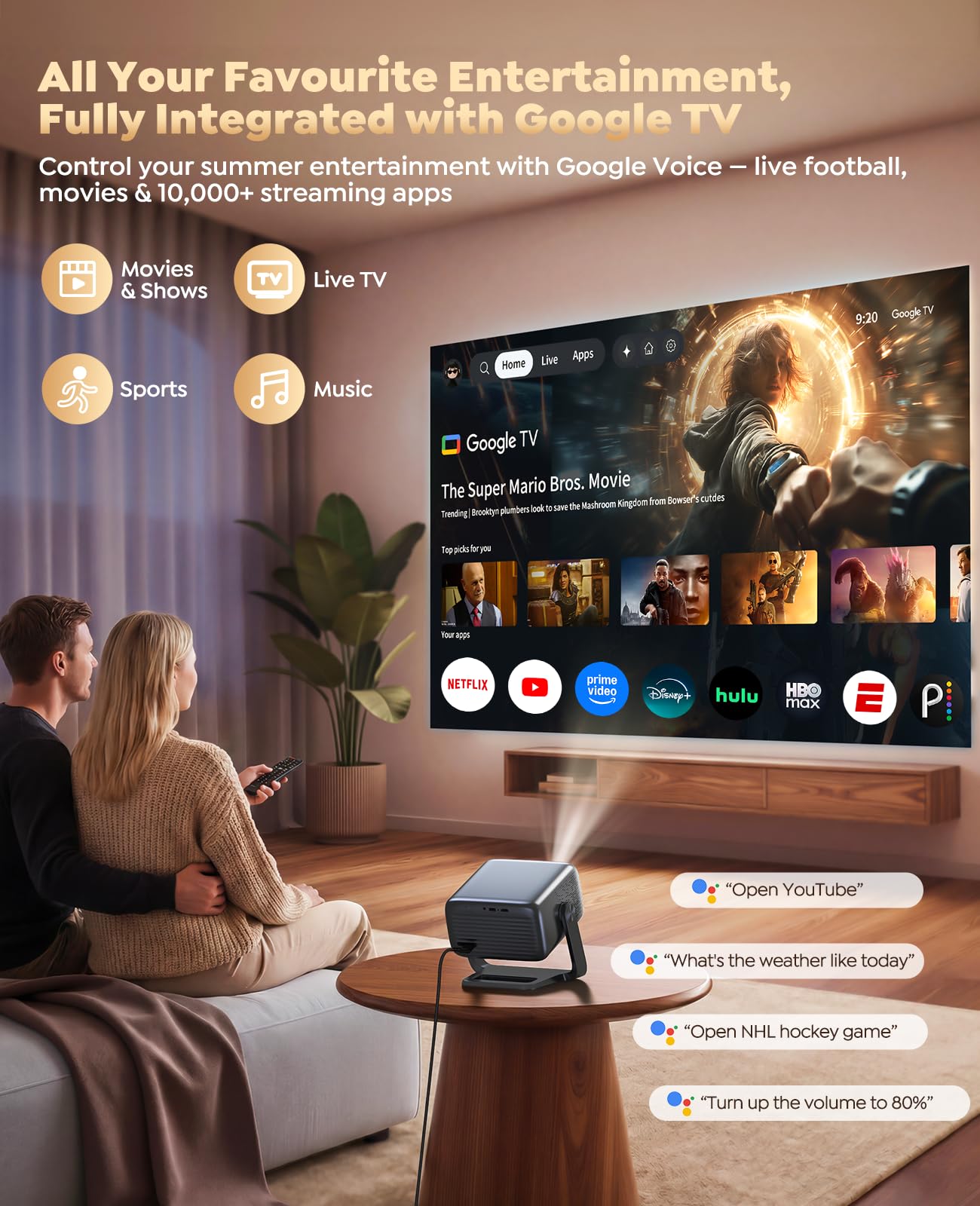 Smart 4K Projector [Google TV Stick Built-in & 360° Stand] with WiFi 6, Bluetooth 5.3, HDR10, 30W Hi-Fi, AI Auto Focus, Outdoor Portable Short Throw Movie Projector for Home Theater Bedroom Ceiling - Flex Gamingproduct_type