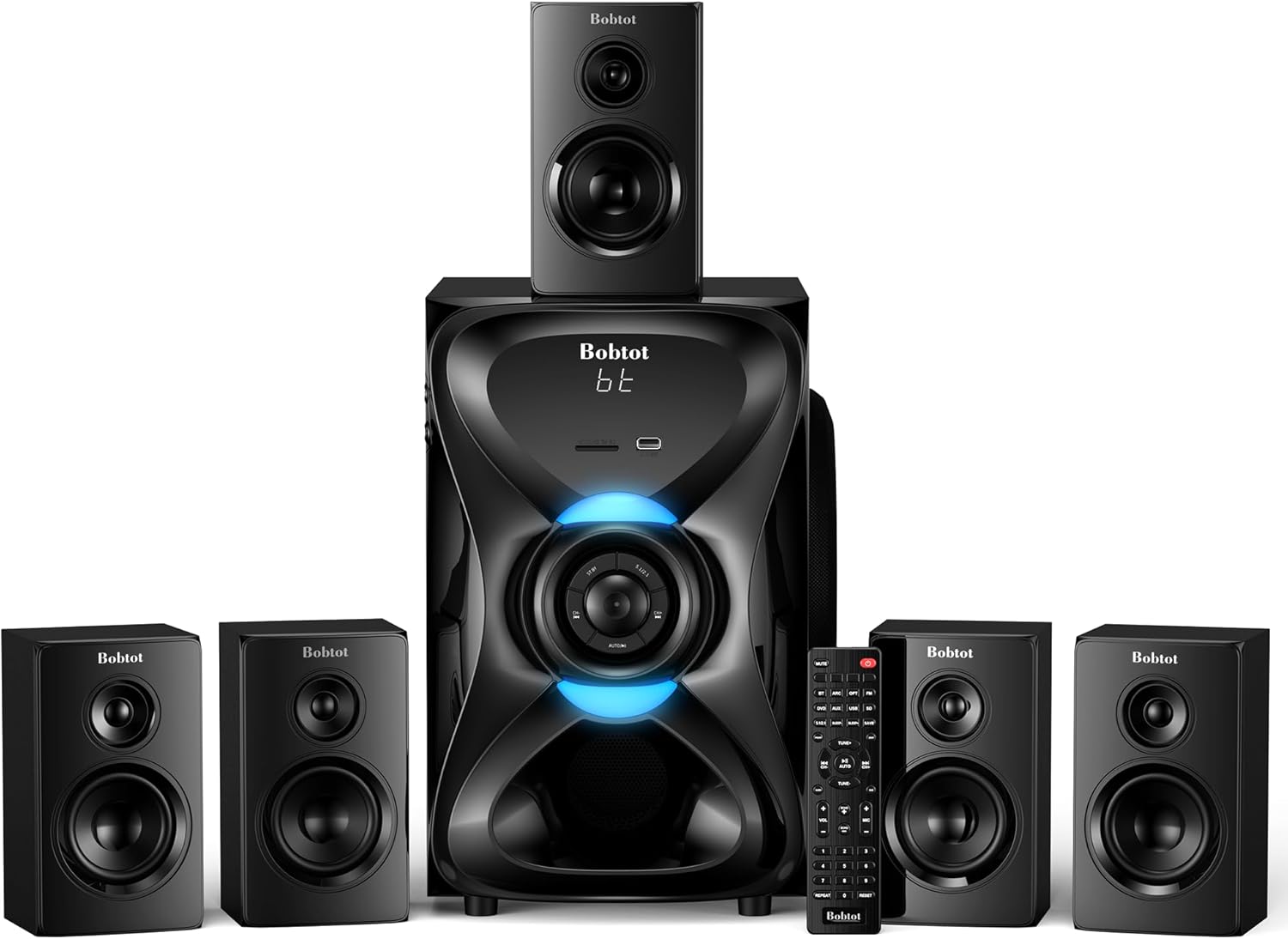 Bobtot Surround Sound Systems Wireless Rear Satellite Speakers - 1000W Peak Deep Bass 8 inch Subwoofer 5.1/2.1 Channel Home Theater System with ARC Optical Bluetooth Karaoke Input - Flex Gamingproduct_type