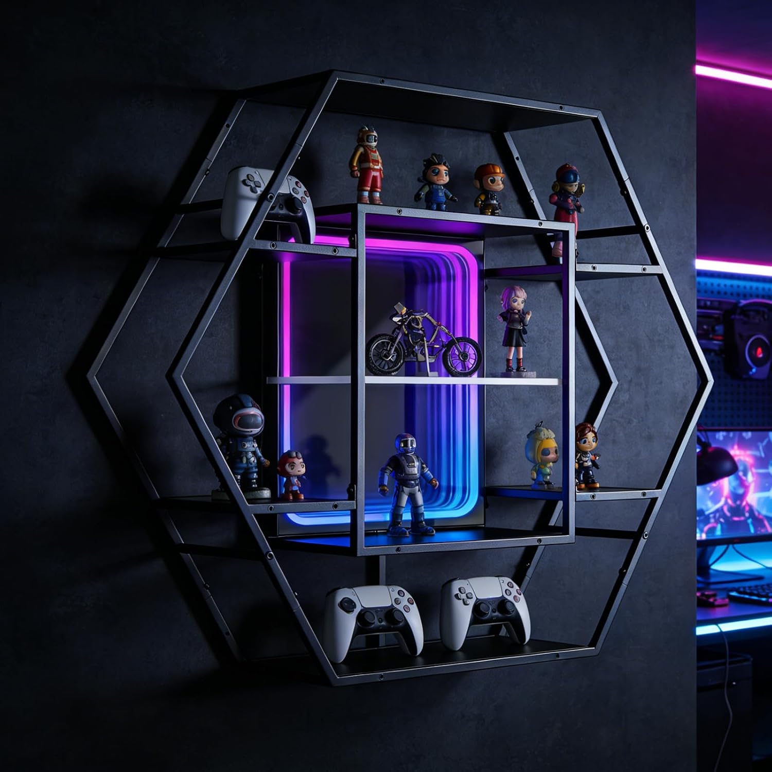 FUSLITE Infinity Mirror Gaming Floating Shelves with LED Lights, Hexagon Wall Mounted LED Shelf with RGB App Control, 36.6" Large Display Rack for Gaming Room Decor, Action Figures, Collectibles - Flex Gamingproduct_type