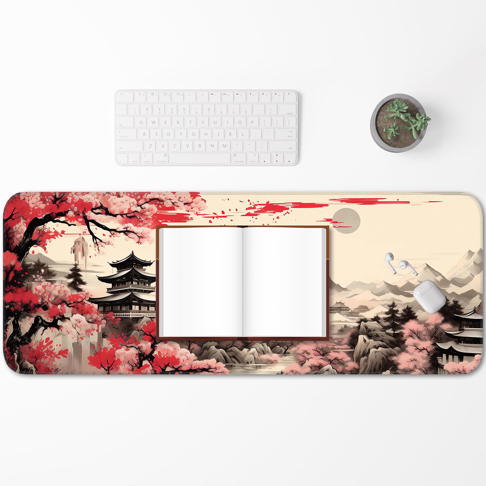 Japanese Dark Red Moon Gaming Mouse Pad, Extended Mouse Pad with Non-Slip Base, Full Keyboard Pad with Stitched Edges, Large Desk Pad for Gaming, Office, Home 31.5 x 11.8 Inch - Flex Gamingproduct_type