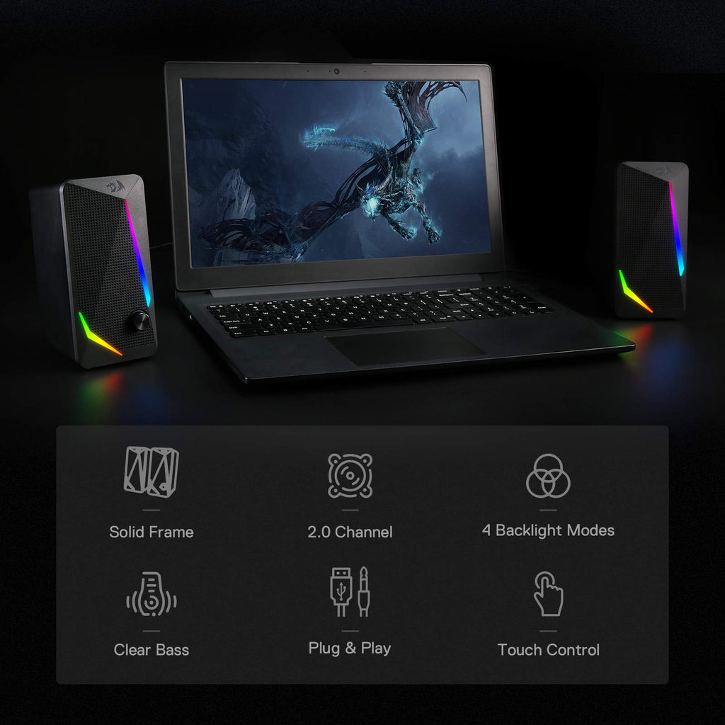 Redragon GS510 RGB Desktop Speakers, 2.0 Channel PC Computer Speaker with 4 Colorful LED Backlight Modes, Enhanced Bass and Easy-Access Volume Control, USB Powered w/ 3.5mm Cable - Flex Gamingproduct_type