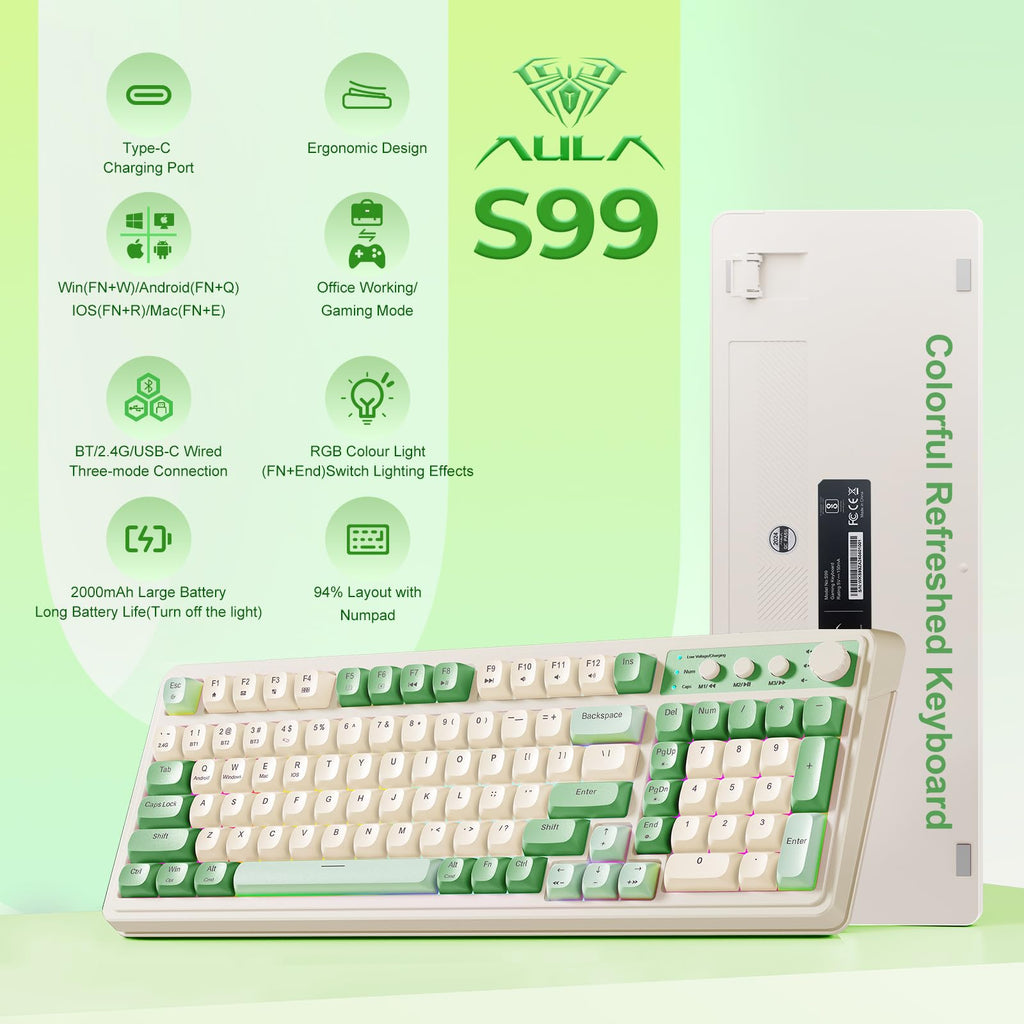 AULA 99 Key Keyboard, Wireless Gaming Keyboard Bluetooth Computer Keyboards Creamy Cute with Number Pad RGB Backlit Tri-Mode BT/2.4GHz/USB-C - Pink - Flex Gamingproduct_type