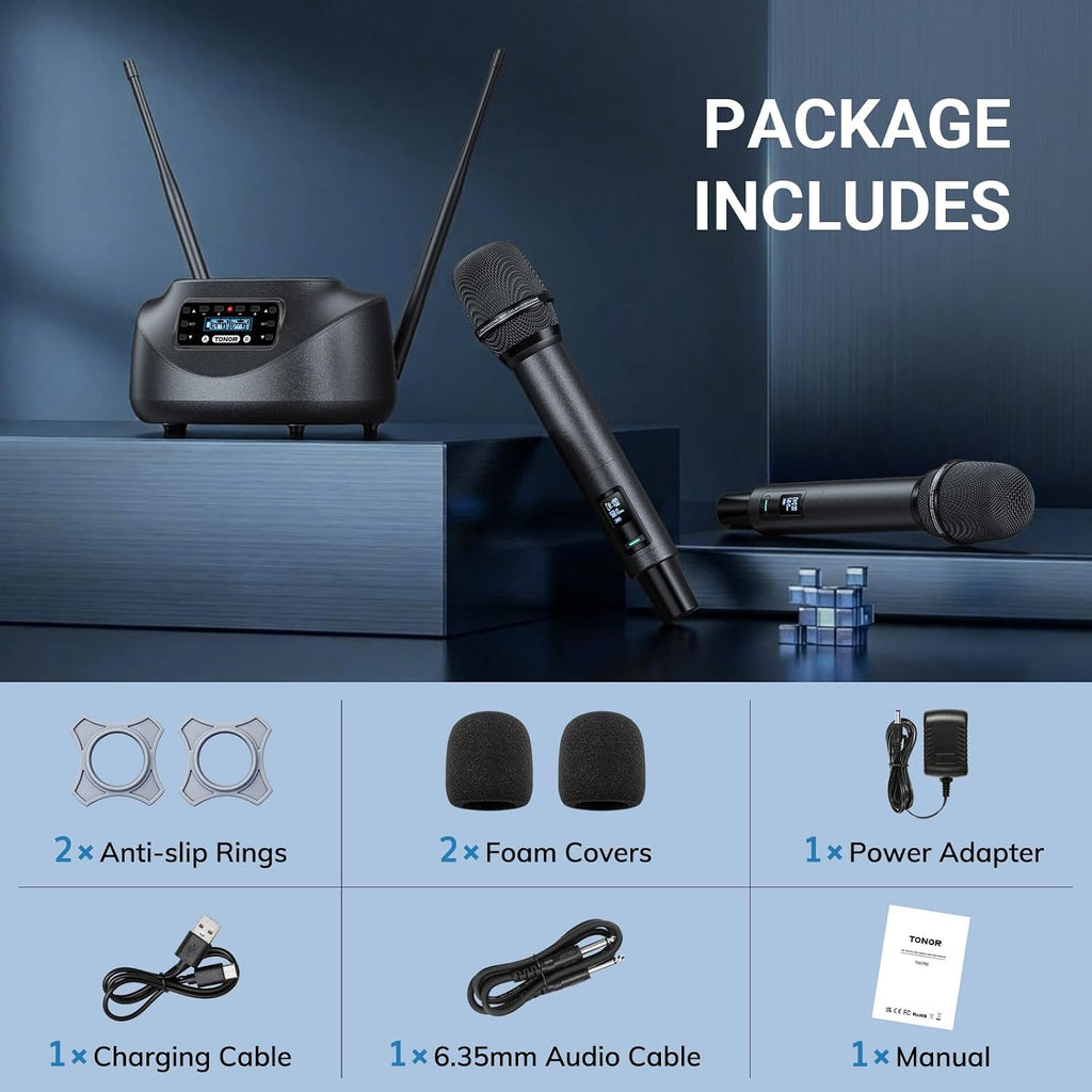 TONOR Bluetooth Wireless Microphones, Rechargeable UHF Cordless Microphone System for Home Party, Metal Dual Handheld 260ft for Home Karaoke, Church, Party,TW-790, Black - Flex Gamingproduct_type