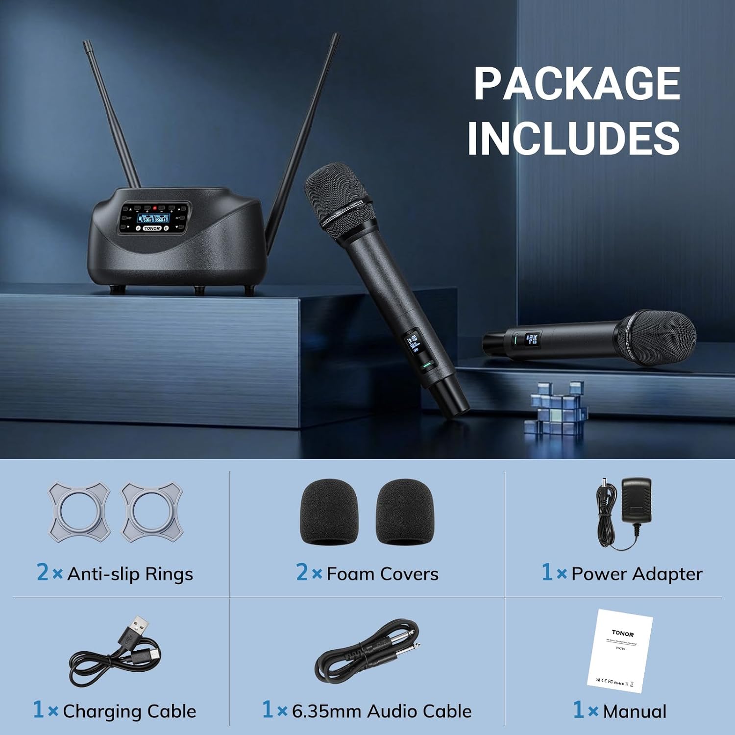 TONOR Bluetooth Wireless Microphones, Rechargeable UHF Cordless Microphone System for Home Party, Metal Dual Handheld 260ft for Home Karaoke, Church, Party,TW-790, Black - Flex Gamingproduct_type