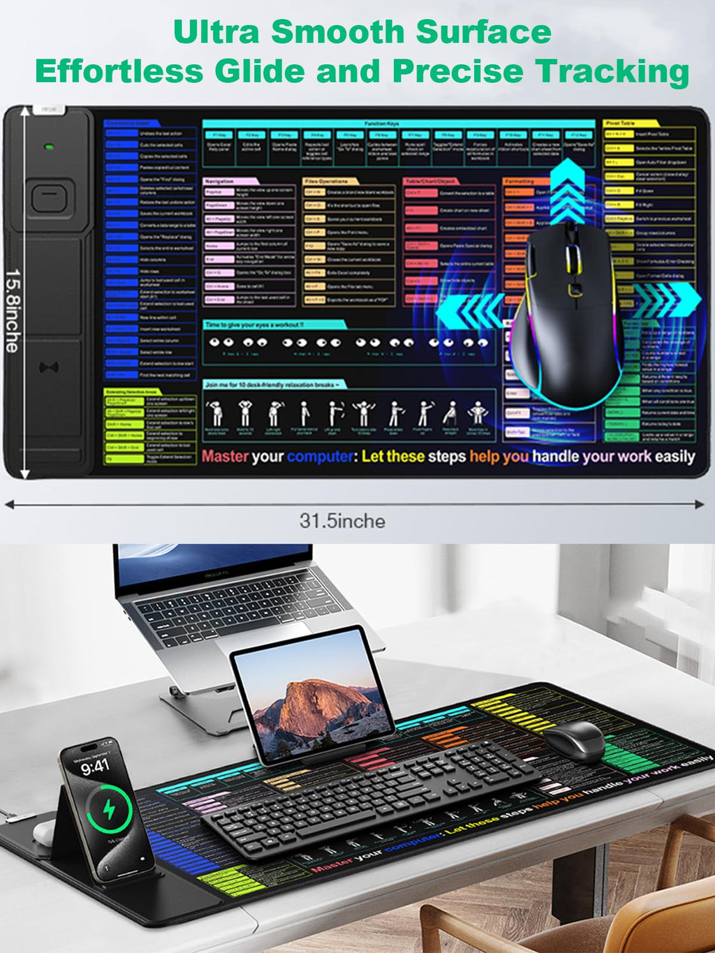 XXL Mouse Pad with Phone Holder - Black, RGB Desk Mat with 15W Fast Charging, LED Gaming Mousepad with 11 Light Colors, Waterproof Non-Slip Pad for Office & Home (Wave) - Flex Gamingproduct_type