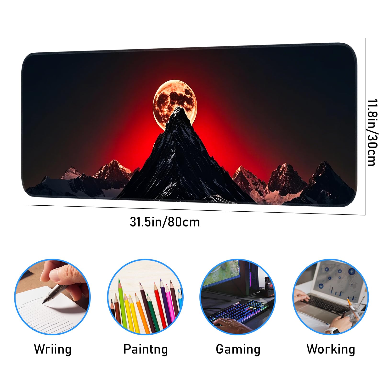 Japanese Dark Red Moon Gaming Mouse Pad, Extended Mouse Pad with Non-Slip Base, Full Keyboard Pad with Stitched Edges, Large Desk Pad for Gaming, Office, Home 31.5 x 11.8 Inch - Flex Gamingproduct_type