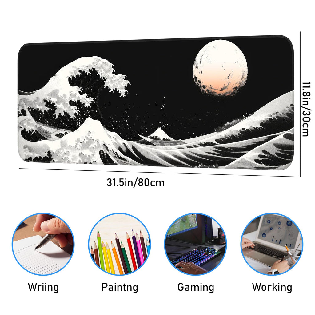 Japanese Dark Red Moon Gaming Mouse Pad, Extended Mouse Pad with Non-Slip Base, Full Keyboard Pad with Stitched Edges, Large Desk Pad for Gaming, Office, Home 31.5 x 11.8 Inch - Flex Gamingproduct_type