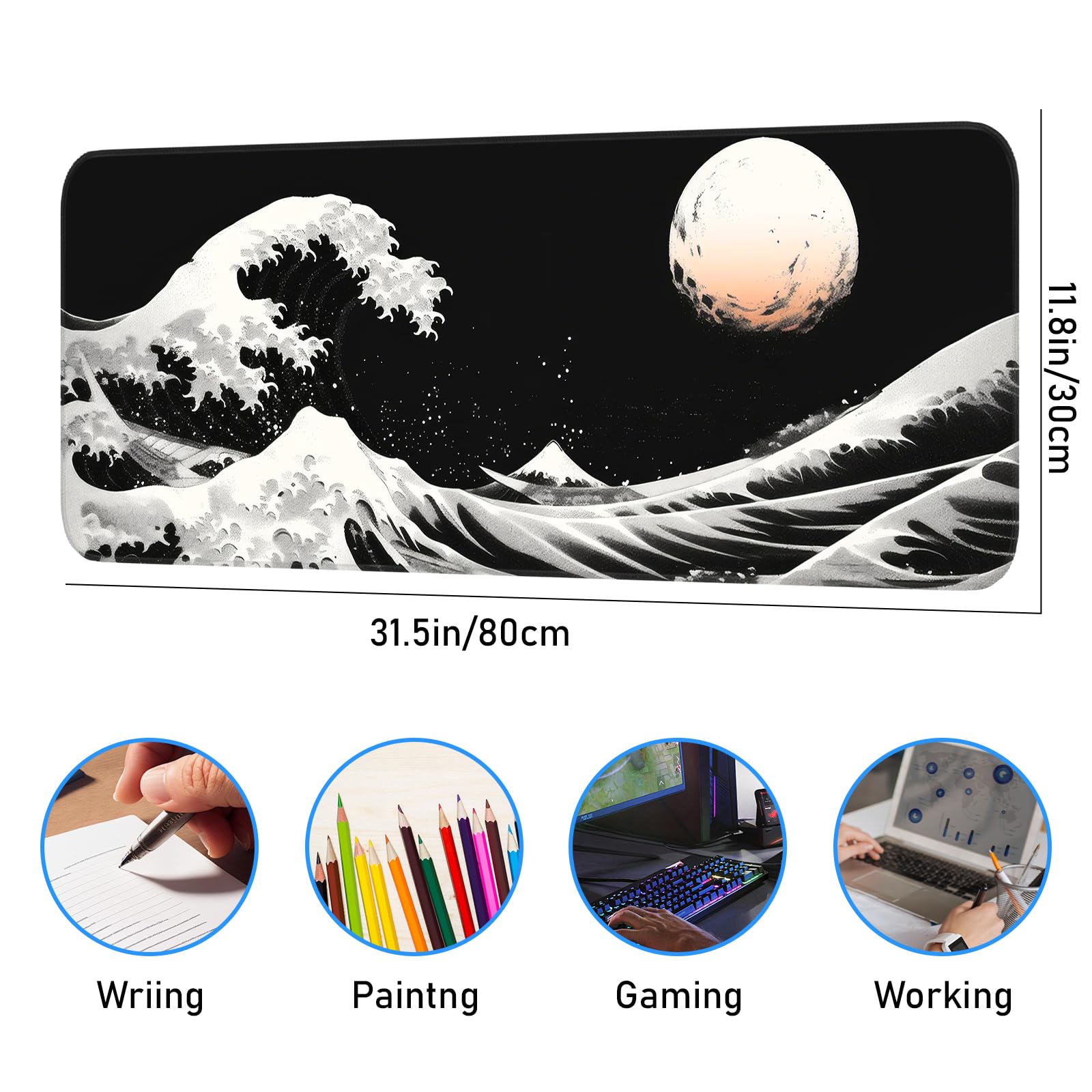 Japanese Dark Red Moon Gaming Mouse Pad, Extended Mouse Pad with Non-Slip Base, Full Keyboard Pad with Stitched Edges, Large Desk Pad for Gaming, Office, Home 31.5 x 11.8 Inch - Flex Gamingproduct_type