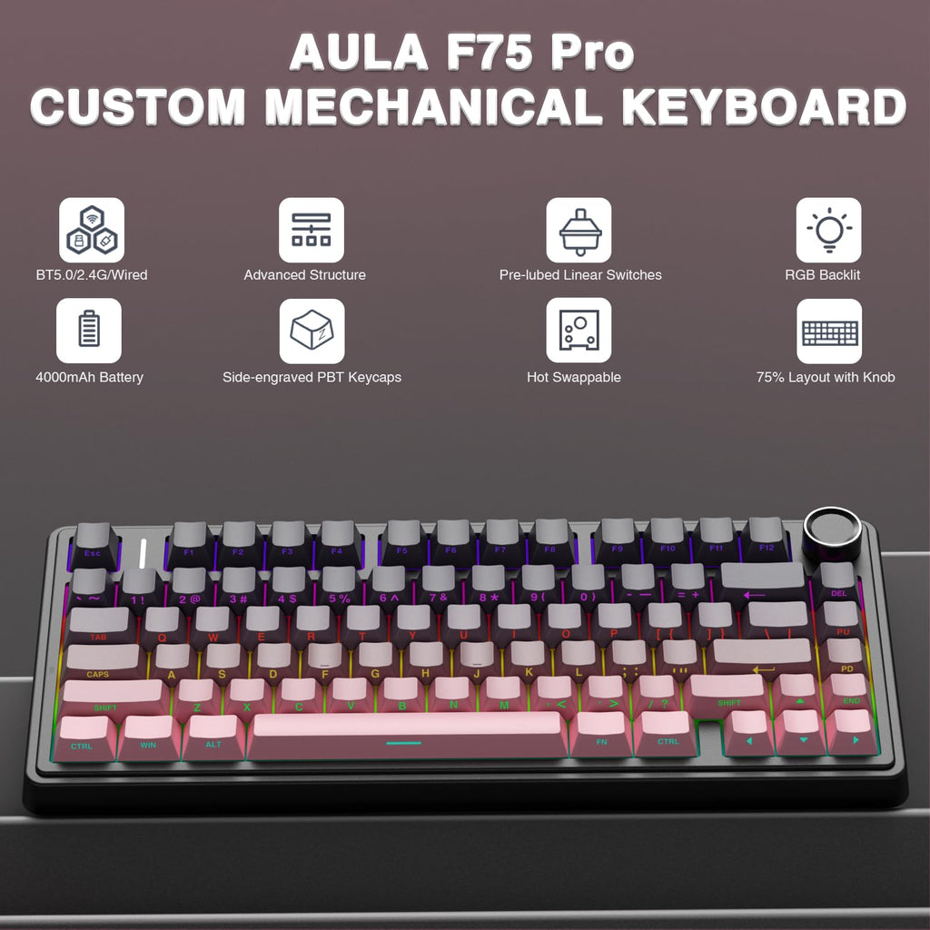 AULA F75 Pro Wireless Mechanical Keyboard,75% Hot Swappable Custom Keyboard with Knob,RGB Backlit,Pre-lubed Reaper Switches,Side Printed PBT Keycaps,2.4GHz/USB-C/BT5.0 Mechanical Gaming Keyboards - Flex Gamingproduct_type