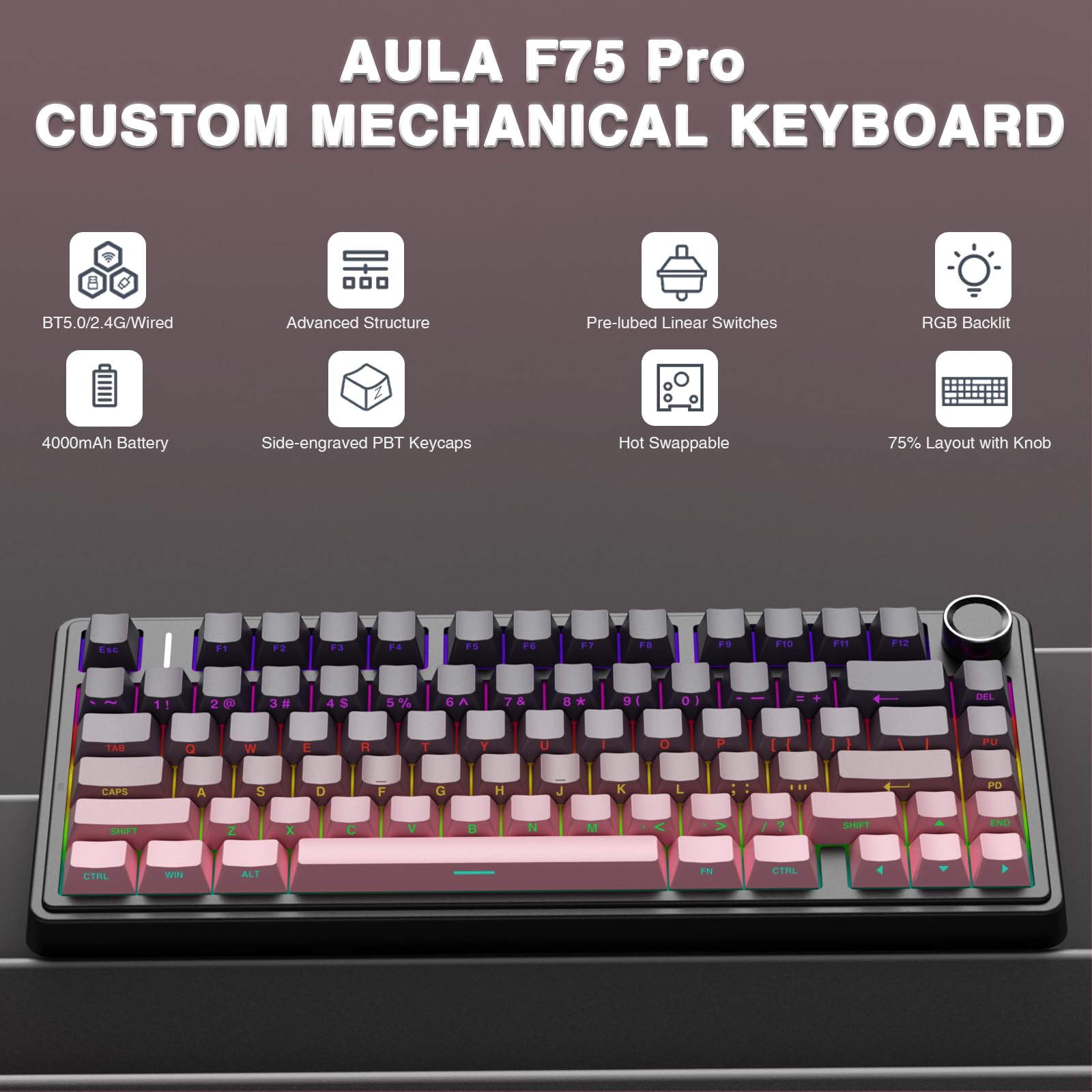 AULA F75 Pro Wireless Mechanical Keyboard,75% Hot Swappable Custom Keyboard with Knob,RGB Backlit,Pre-lubed Reaper Switches,Side Printed PBT Keycaps,2.4GHz/USB-C/BT5.0 Mechanical Gaming Keyboards - Flex Gamingproduct_type