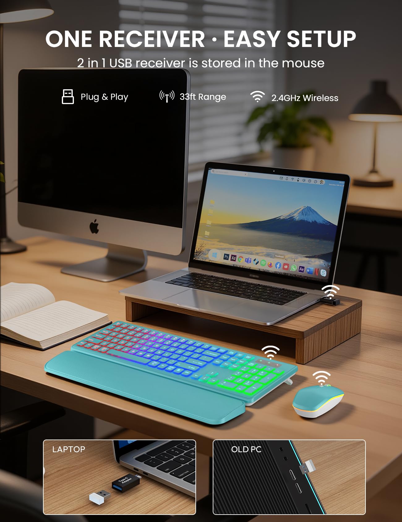 Wireless Keyboard and Mouse Combo, RGB Backlit, Rechargeable & Light Up Letters, Full-Size, Soft Typing, Sleep Mode, 2.4GHz Quiet Keyboard Set for Mac, Windows, Laptop, PC, Trueque KM42Pro (Black) - Flex Gamingproduct_type