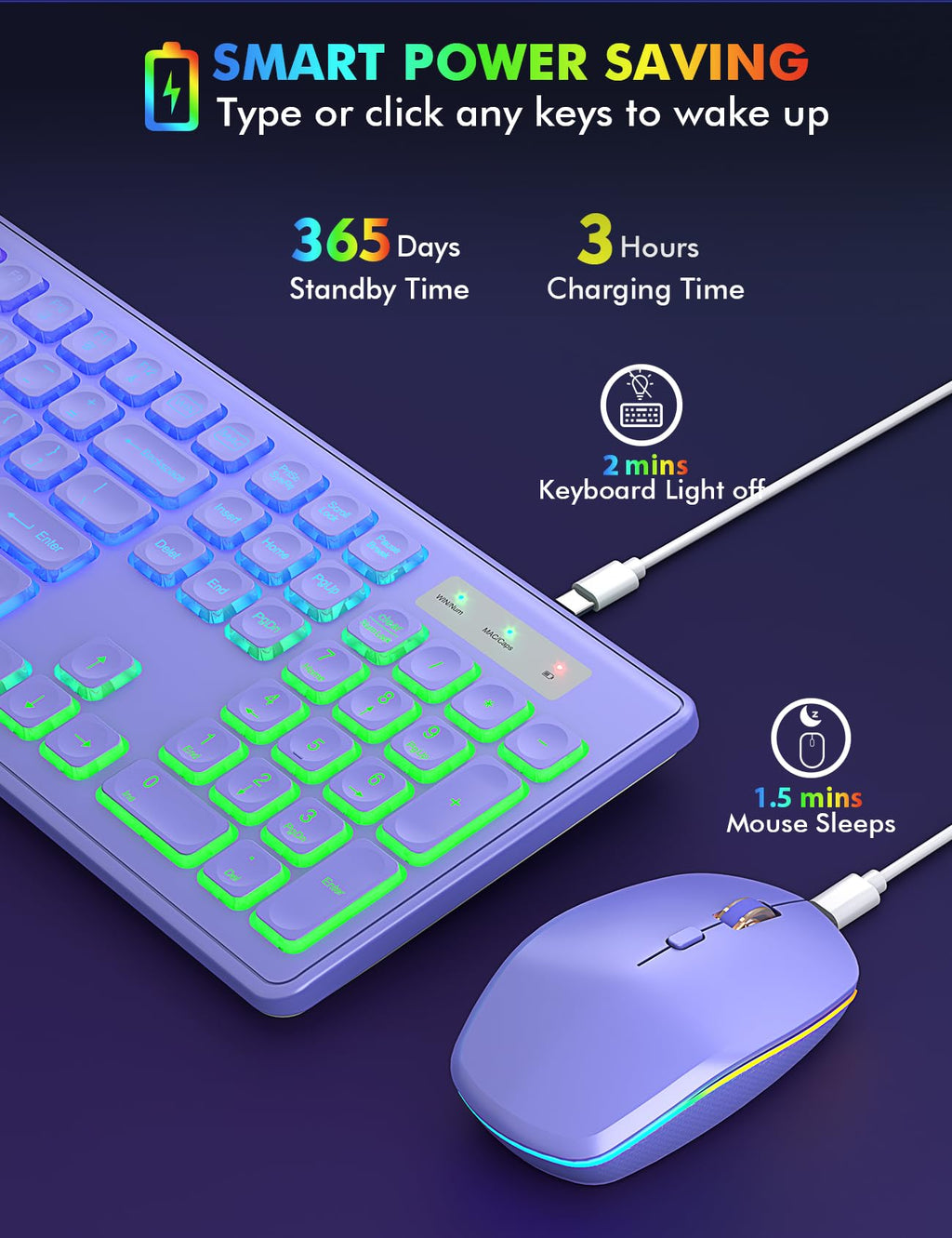 Wireless Keyboard and Mouse Combo, RGB Backlit, Rechargeable & Light Up Letters, Full-Size, Soft Typing, Sleep Mode, 2.4GHz Quiet Keyboard Set for Mac, Windows, Laptop, PC, Trueque KM42Pro (Black) - Flex Gamingproduct_type