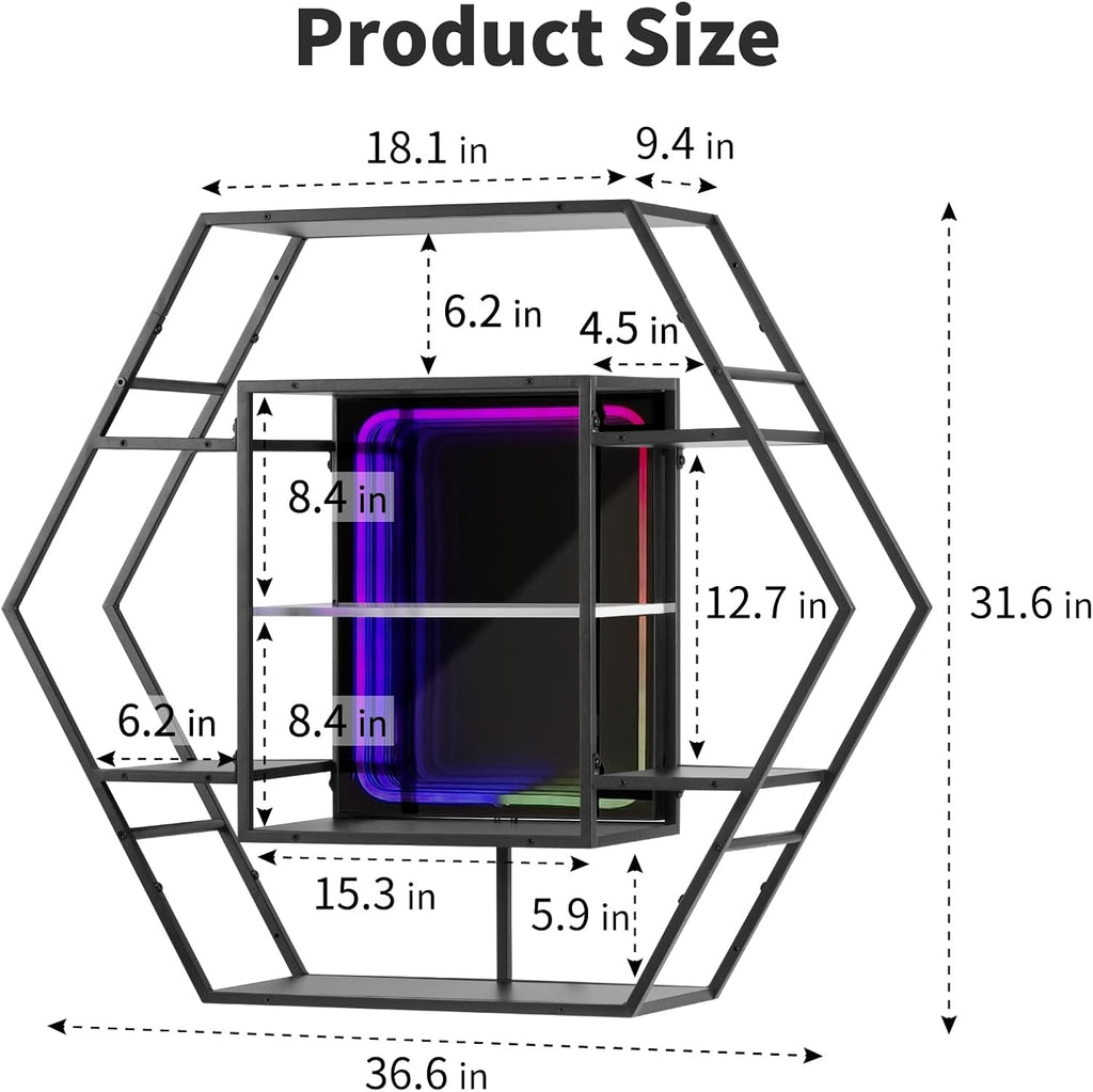 FUSLITE Infinity Mirror Gaming Floating Shelves with LED Lights, Hexagon Wall Mounted LED Shelf with RGB App Control, 36.6" Large Display Rack for Gaming Room Decor, Action Figures, Collectibles - Flex Gamingproduct_type