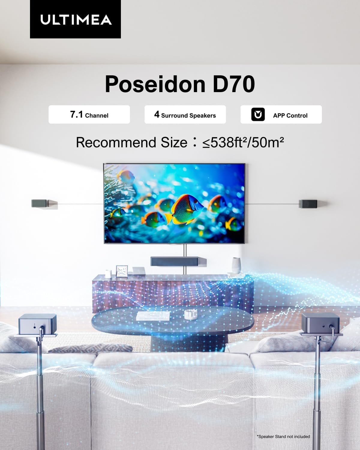 ULTIMEA 7.1ch Soundbar with Wireless Subwoofer, Virtual Surround Sound System for TV, App Control, 410W Peak Power, Sound bar for TV, 4 Wired Surround Speakers, Home Theater Sound System Poseidon D70 - Flex Gamingproduct_type