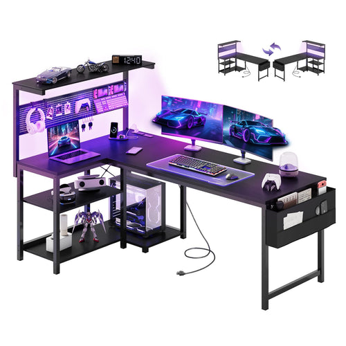 Apicizon L Shaped Desk Gaming Desk with LED Light & Power Outlet, 47 Inch Reversible Computer Desk with Pegboard & Shelf & Storage Bag for Home Office, Black - Flex Gamingproduct_type