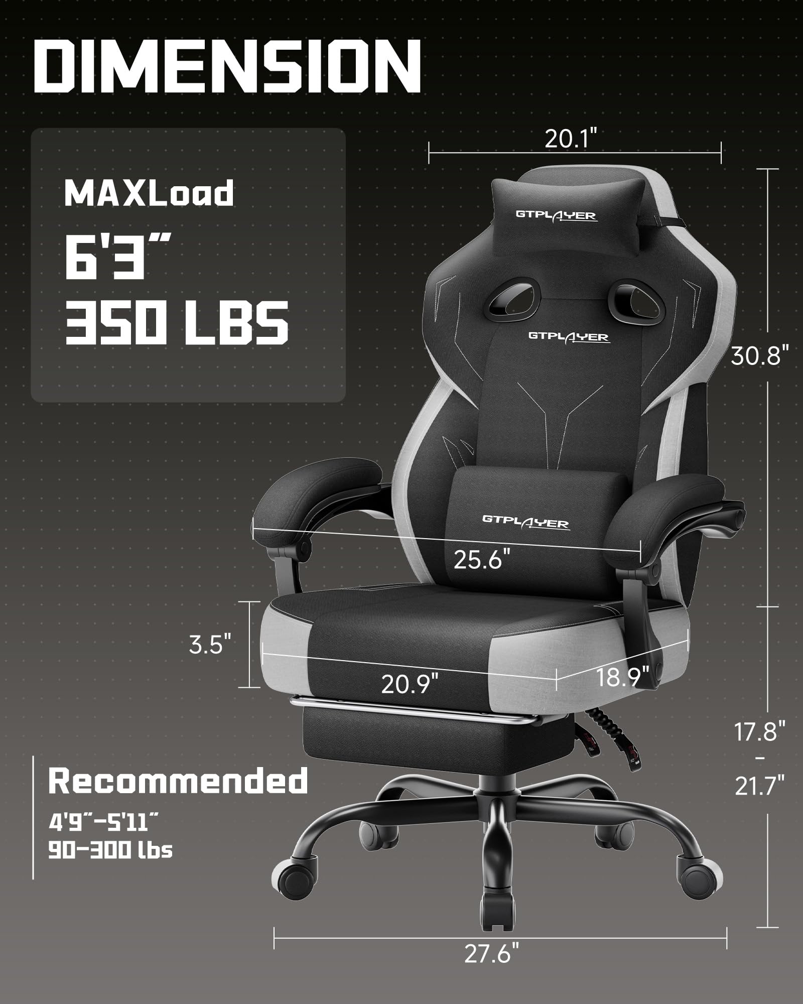 GTPLAYER Big & Tall Gaming Chair, 90°-155° Adjustable Reclining Office Seat with Footrest, Ergonomic Comfy Computer Desk Chair for Adults, Home Office Gaming Study Use, Black - Flex Gamingproduct_type