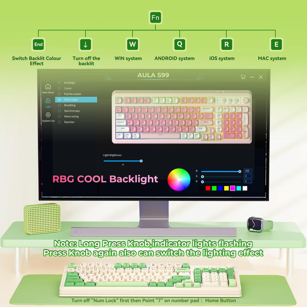 AULA 99 Key Keyboard, Wireless Gaming Keyboard Bluetooth Computer Keyboards Creamy Cute with Number Pad RGB Backlit Tri-Mode BT/2.4GHz/USB-C - Pink - Flex Gamingproduct_type