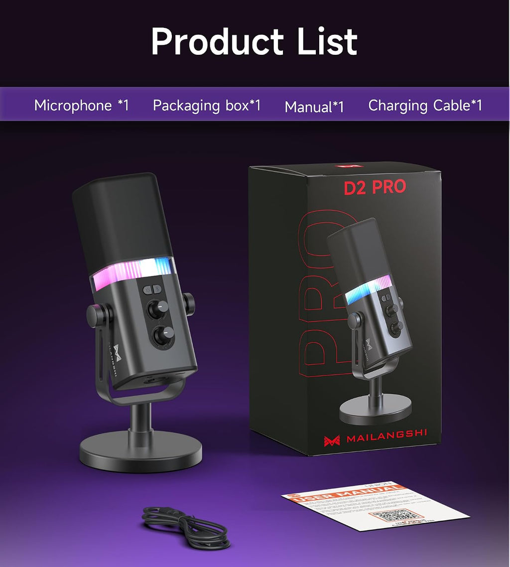MAILANGSHI 192KHz/32bit Dynamic Podcast Microphone for PC, USB & XLR Mic with RGB Lighting, Desktop Stand, Mute Button, All-Metal Body, Gain & Volume Control, Gaming Microphone for Livestreaming - Flex Gamingproduct_type
