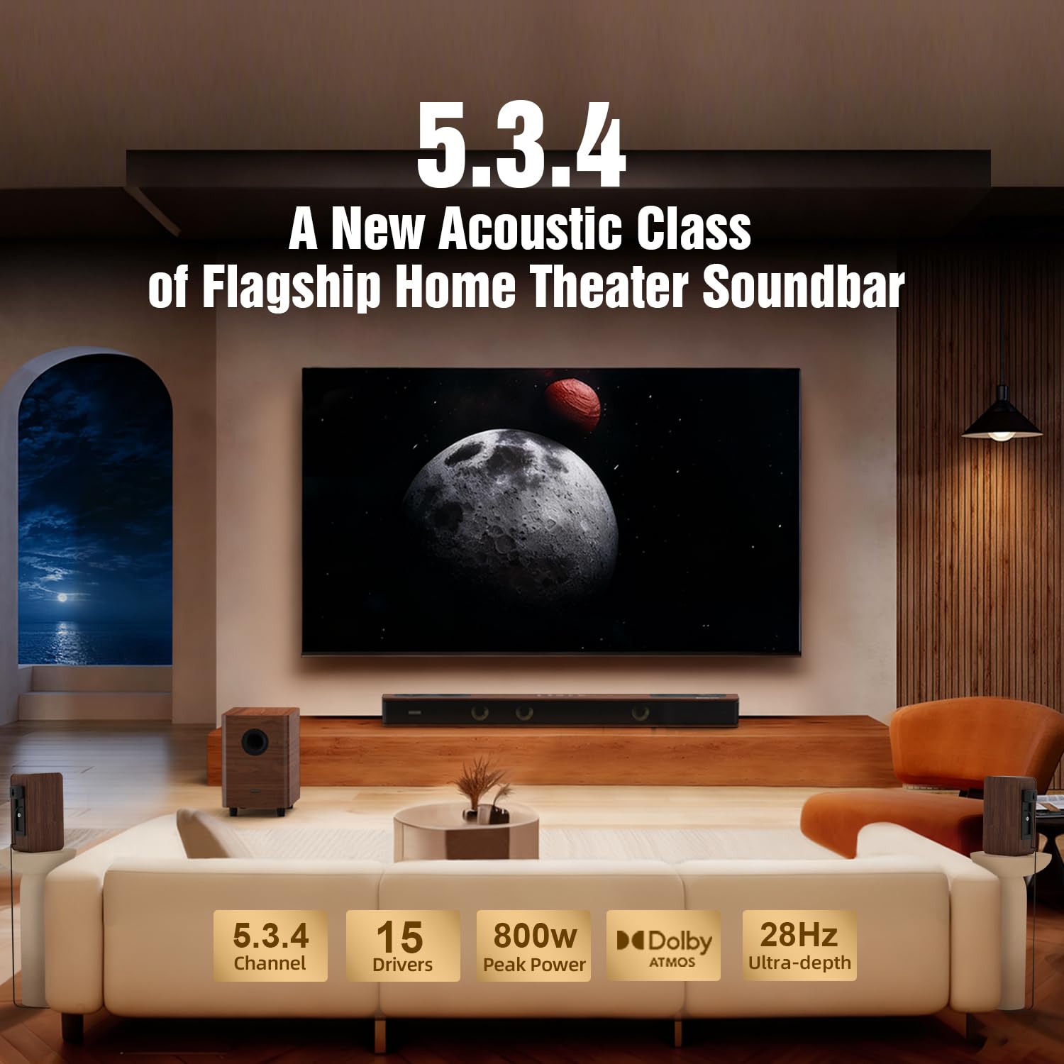 Flagship 5.3.4 Soundbar with Dolby Atmos, 800W Sound Bar for Smart TV with Subwoofer, 2 Wireless Rear Speakers, BassCoupling Tech for 28Hz Depth, Home Theater Surround Sound System Works eARC, BT 5.4 - Flex Gamingproduct_type